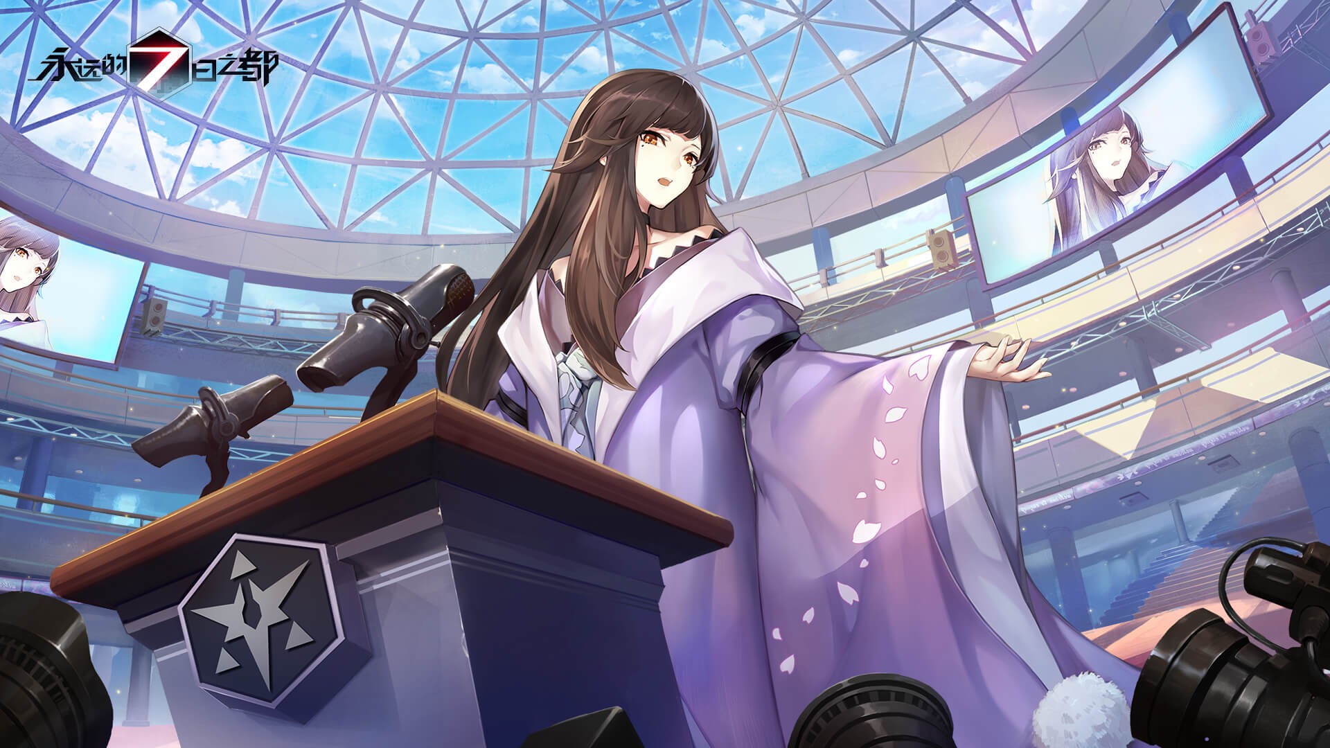 Anime girl from Forever 7th Capital at a podium HD Wallpaper