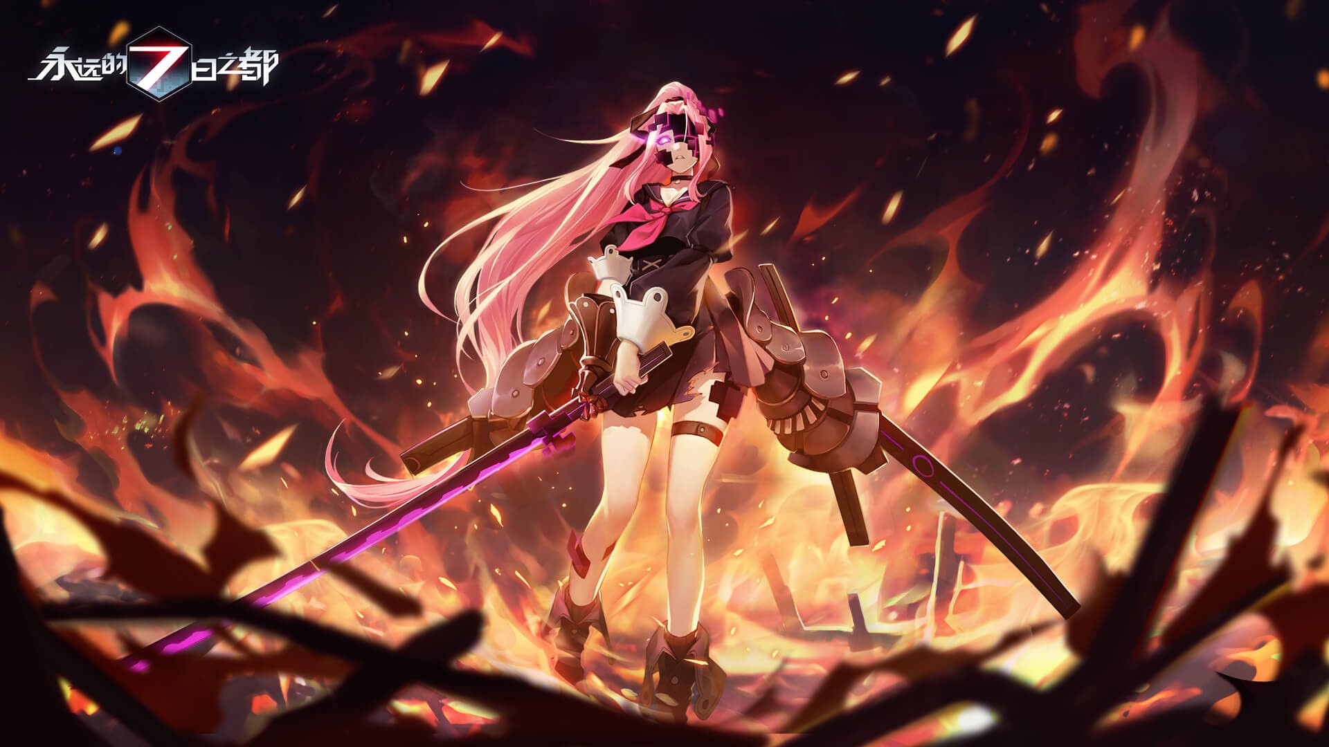 Anime girl with pink hair and swords from Forever 7th Capital HD Wallpaper