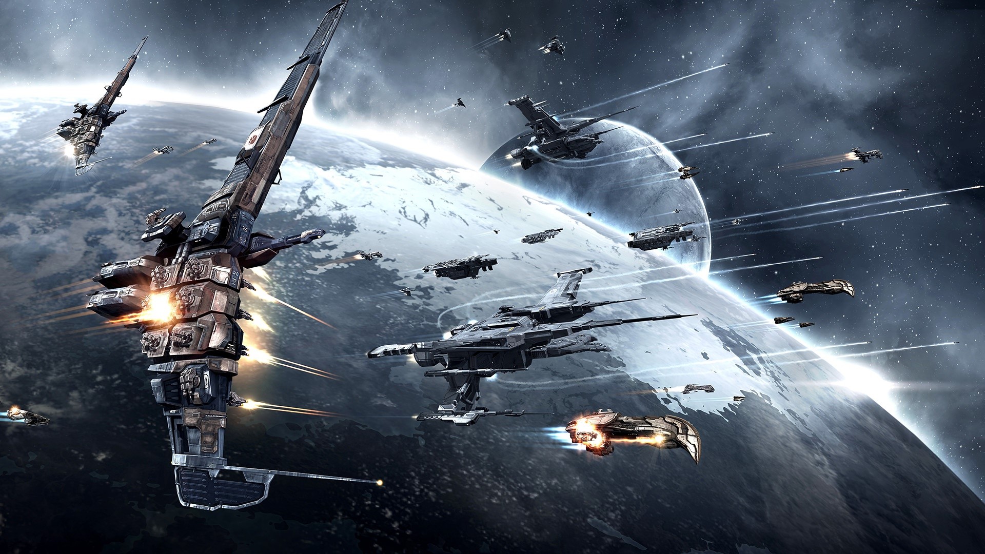 Space battle above a planet in EVE Online HD Wallpaper