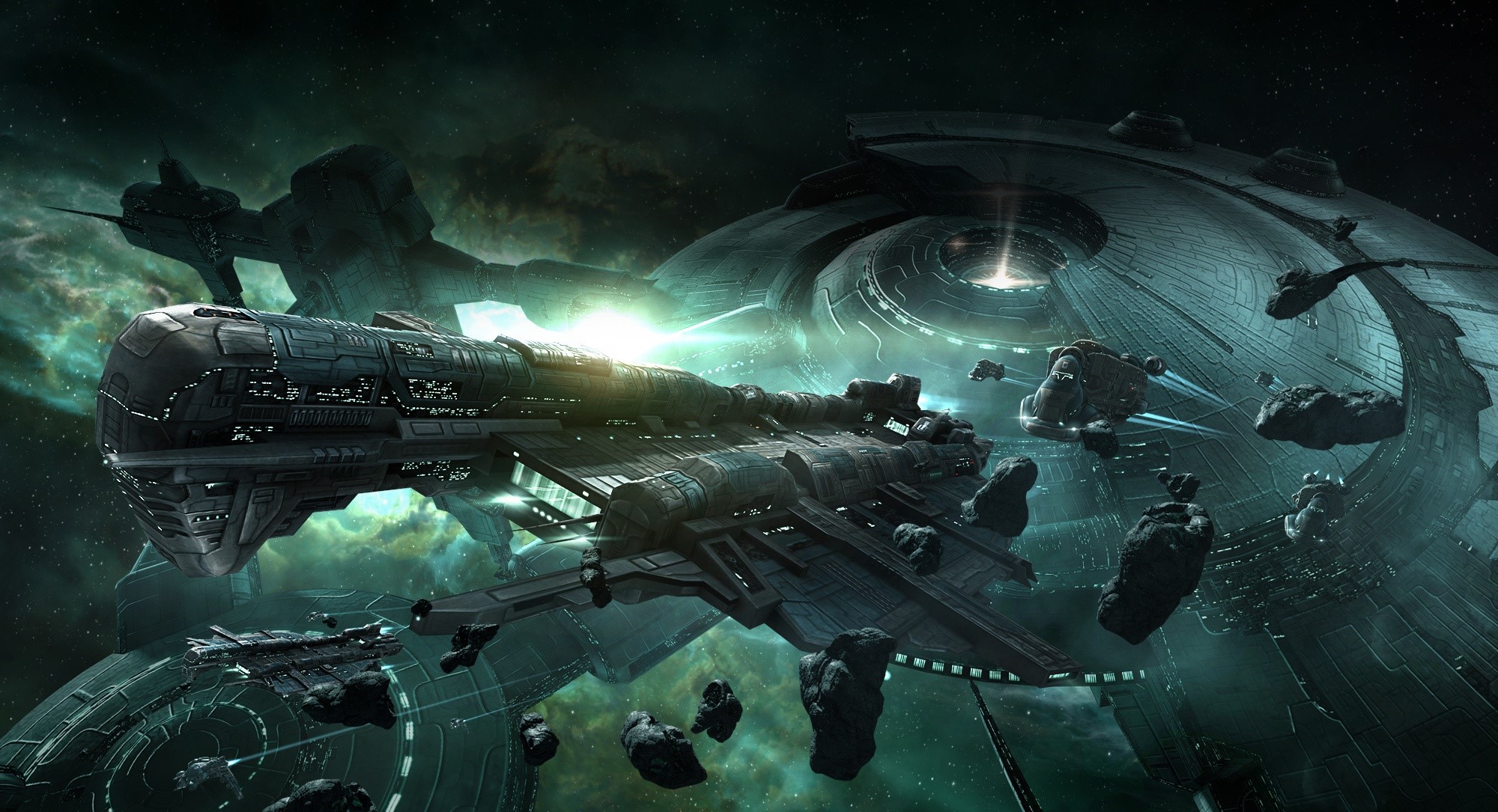 EVE Online space battle with large ships and asteroids HD Wallpaper