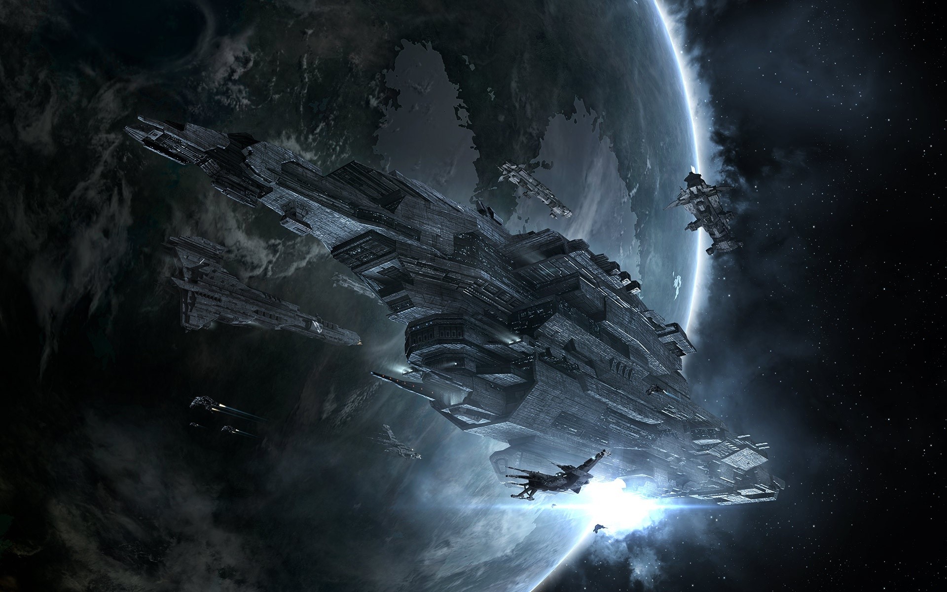 Spaceships near a planet in EVE Online HD Wallpaper