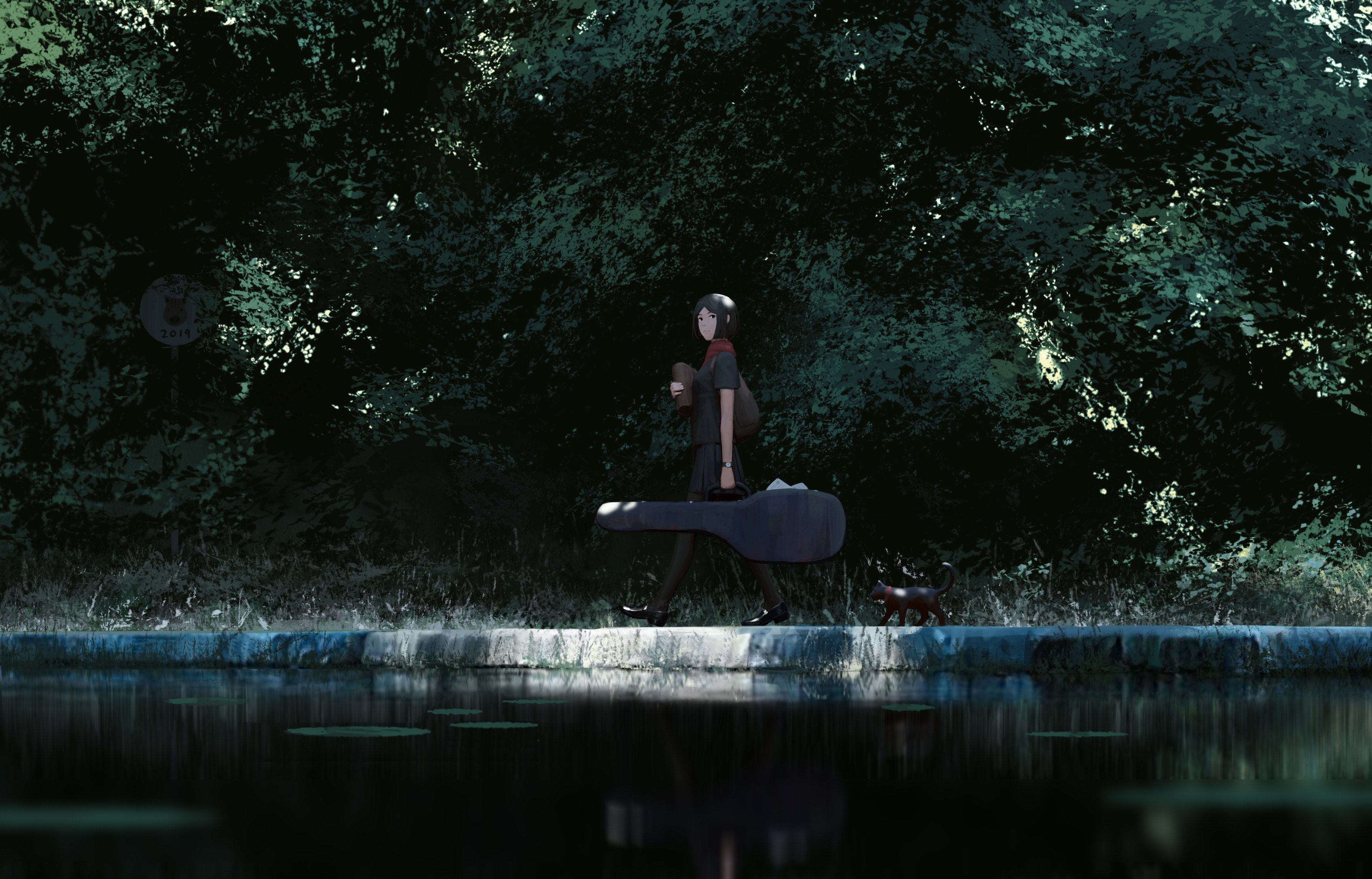 Girl with guitar case and cat by river HD Wallpaper