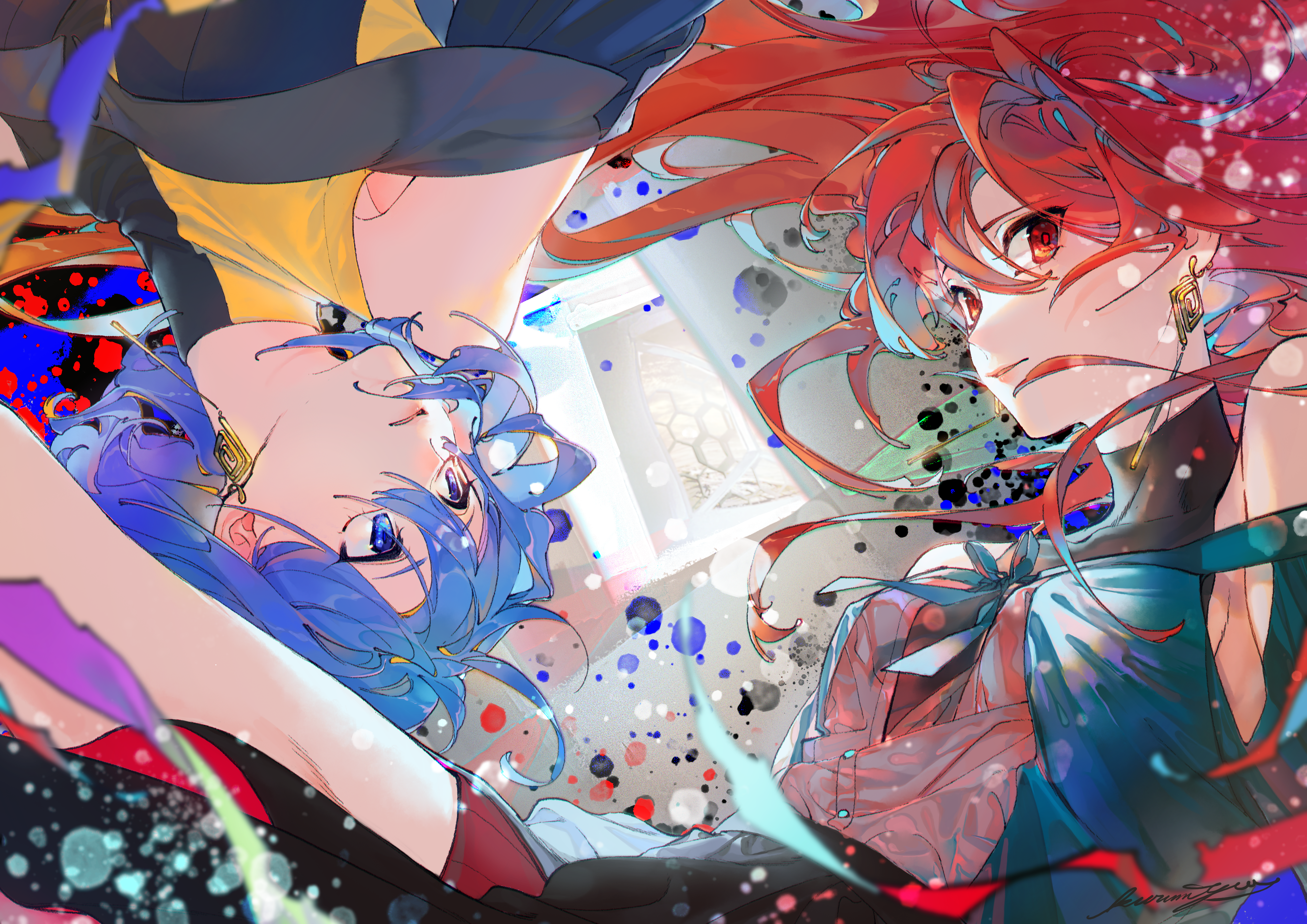Anime girls with blue and red hair HD Wallpaper