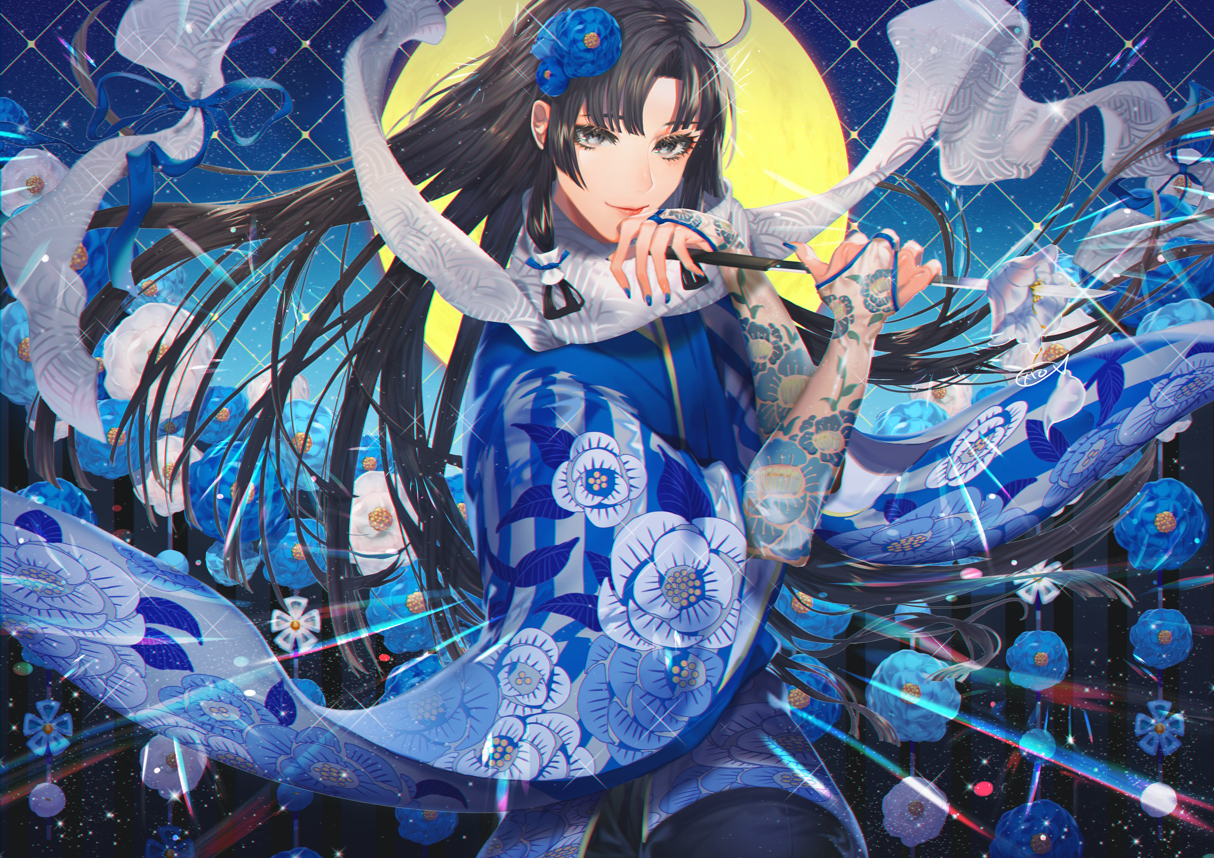 Anime girl with black hair and blue kimono HD Wallpaper