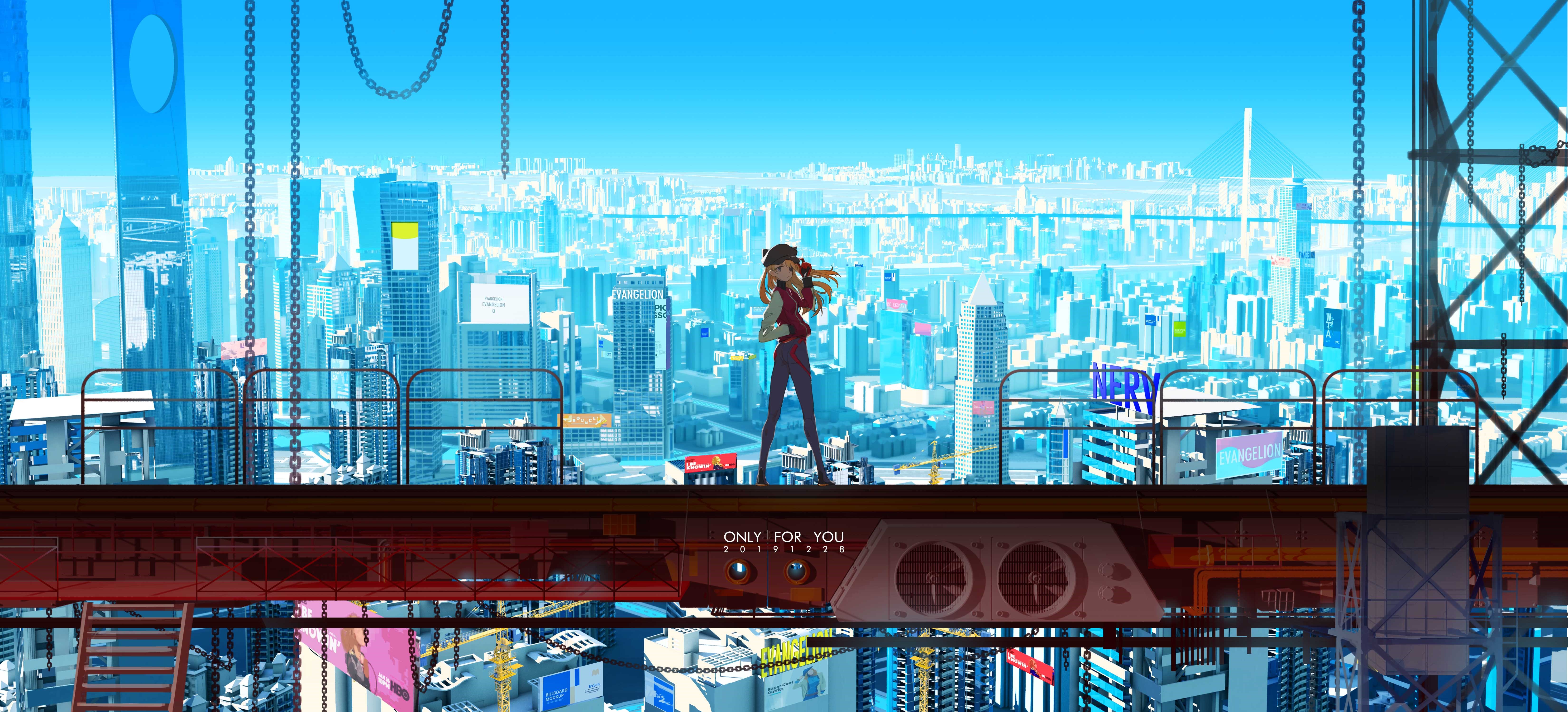 Asuka Langley Soryu from Neon Genesis Evangelion in a city HD Wallpaper