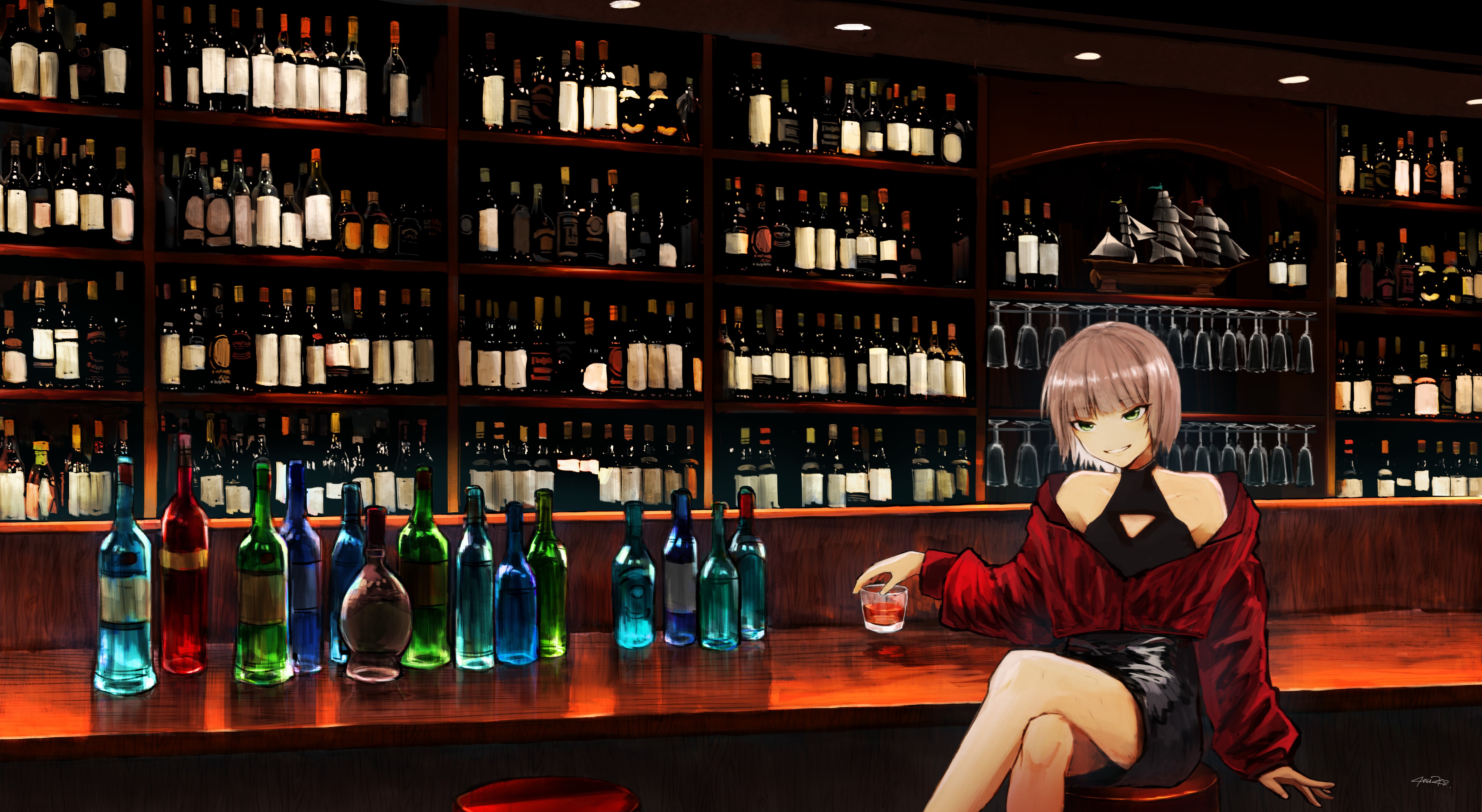 Anime girl at a bar with wine bottles HD Wallpaper