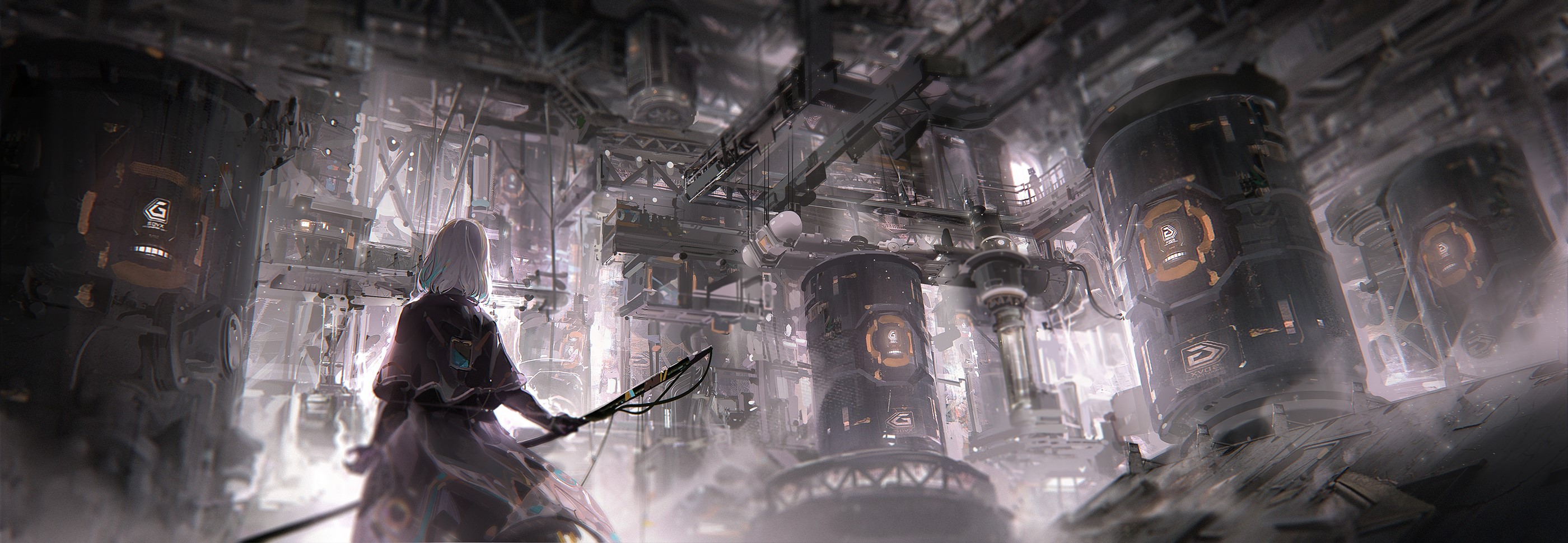 Anime girl in a futuristic industrial complex HD Wallpaper