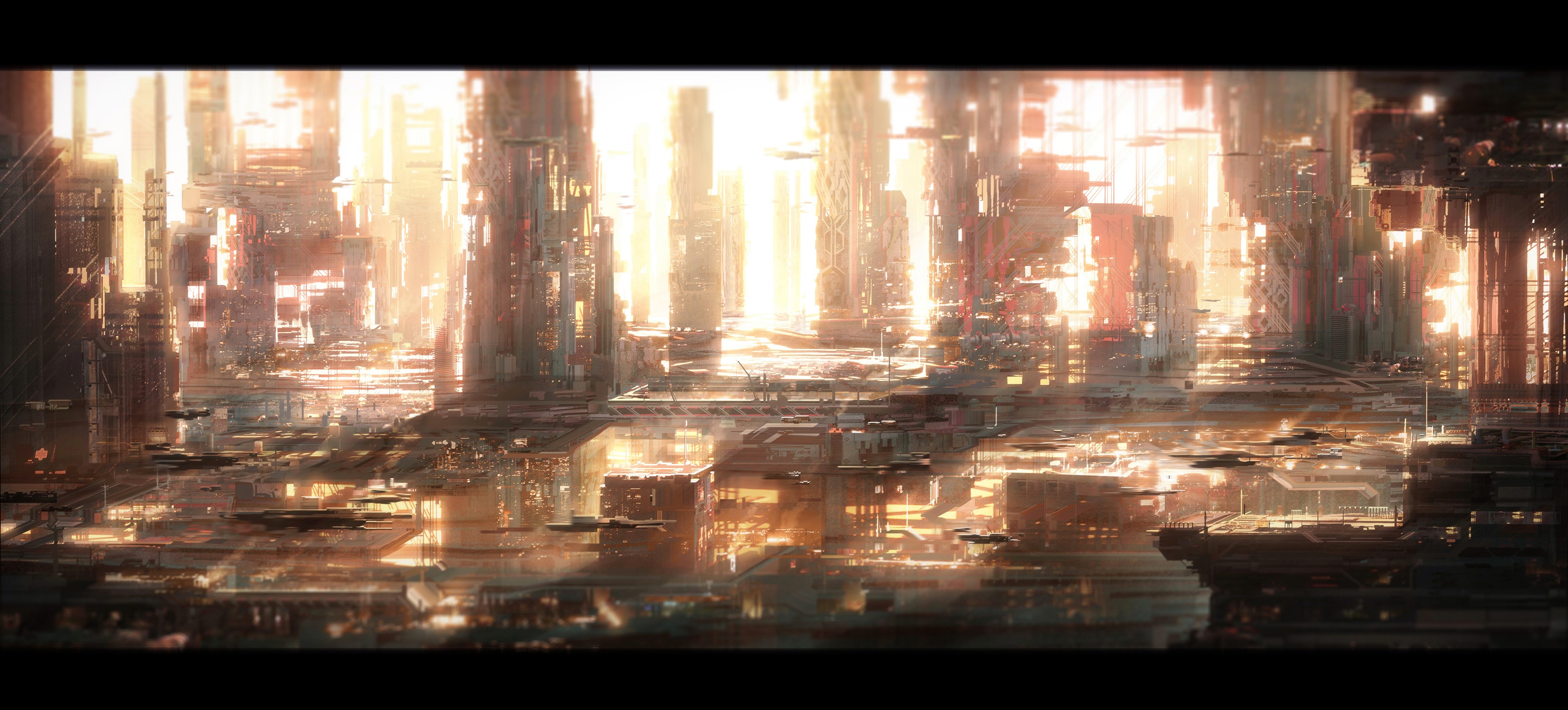 Futuristic city with towering skyscrapers and flying vehicles HD Wallpaper
