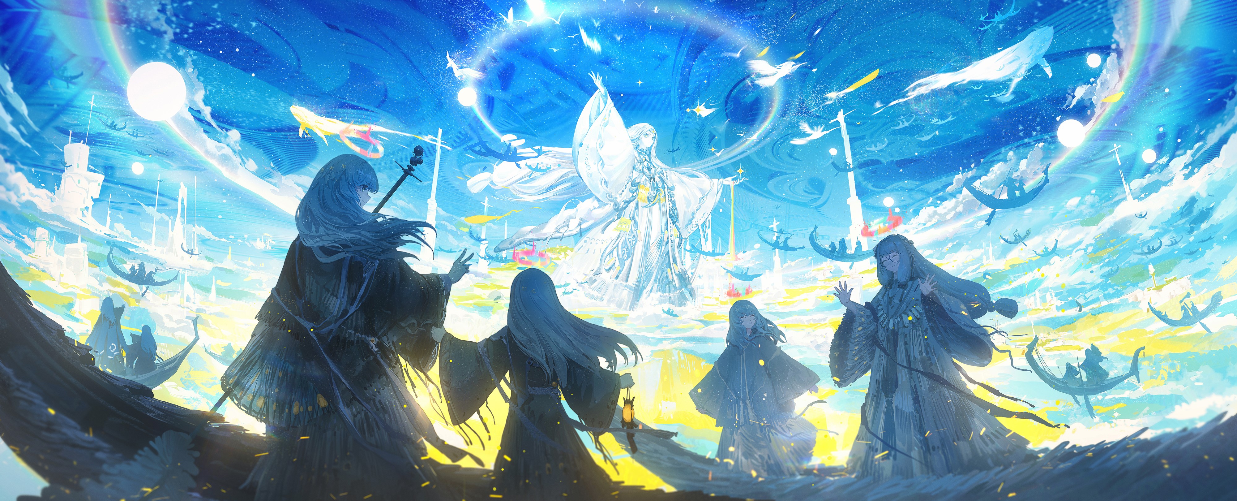 Fantasy art of anime girls with whales and boats HD Wallpaper