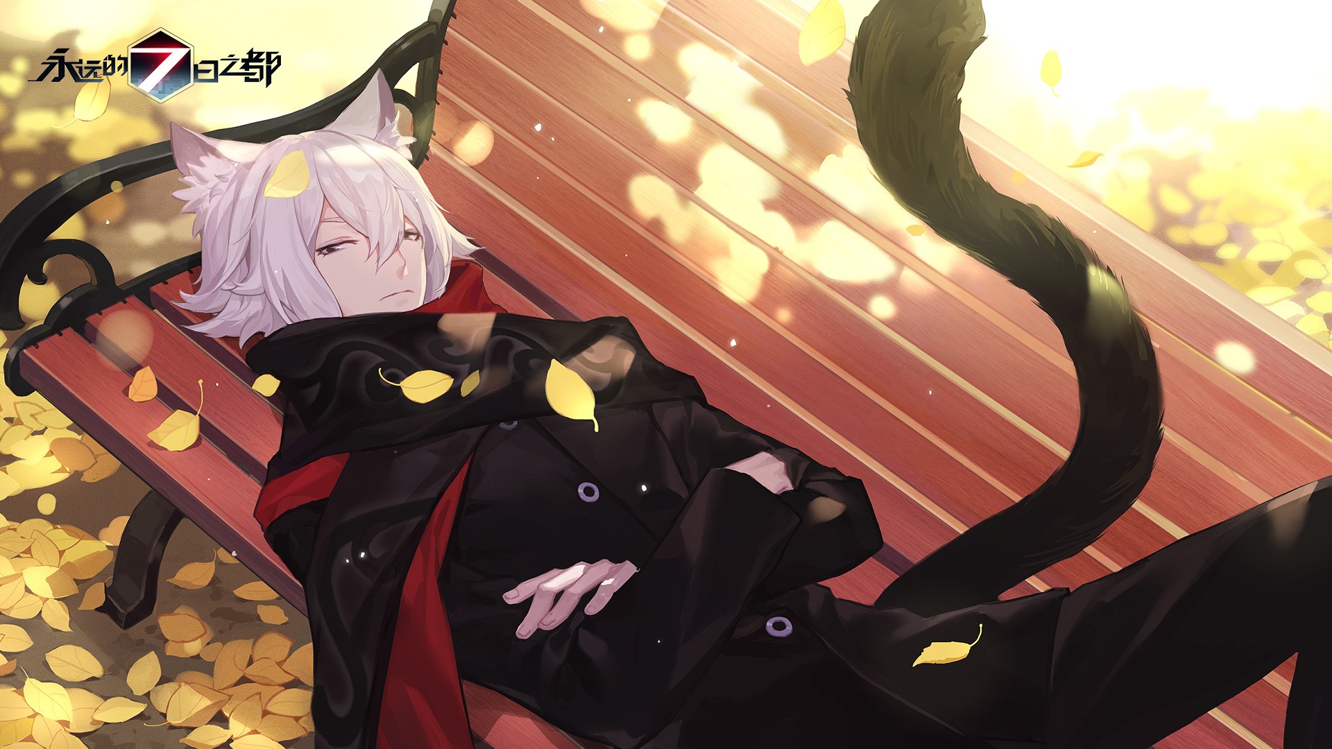 Anime character with cat ears and tail on a bench HD Wallpaper