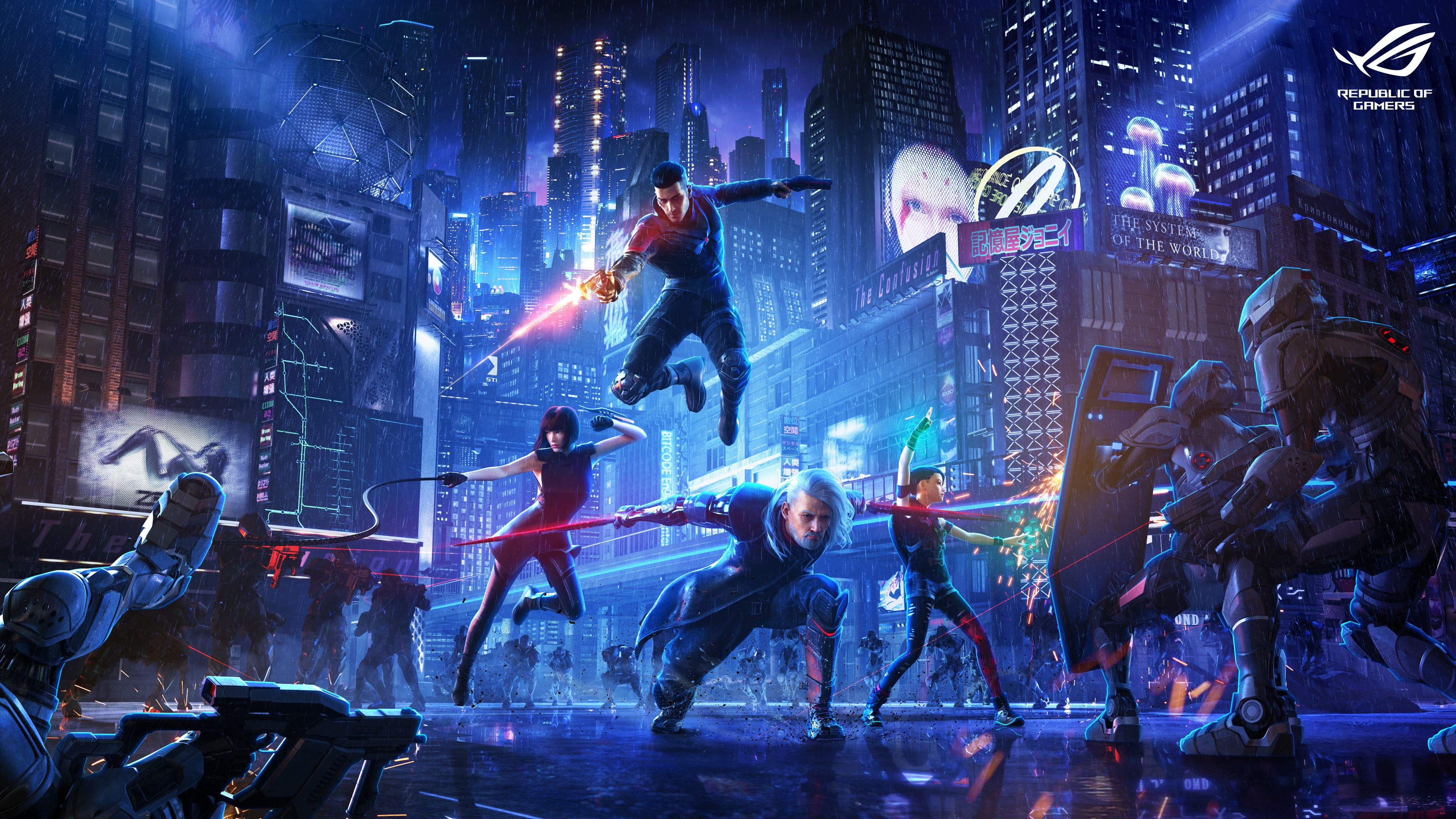 Republic of Gamers characters in a futuristic city HD Wallpaper