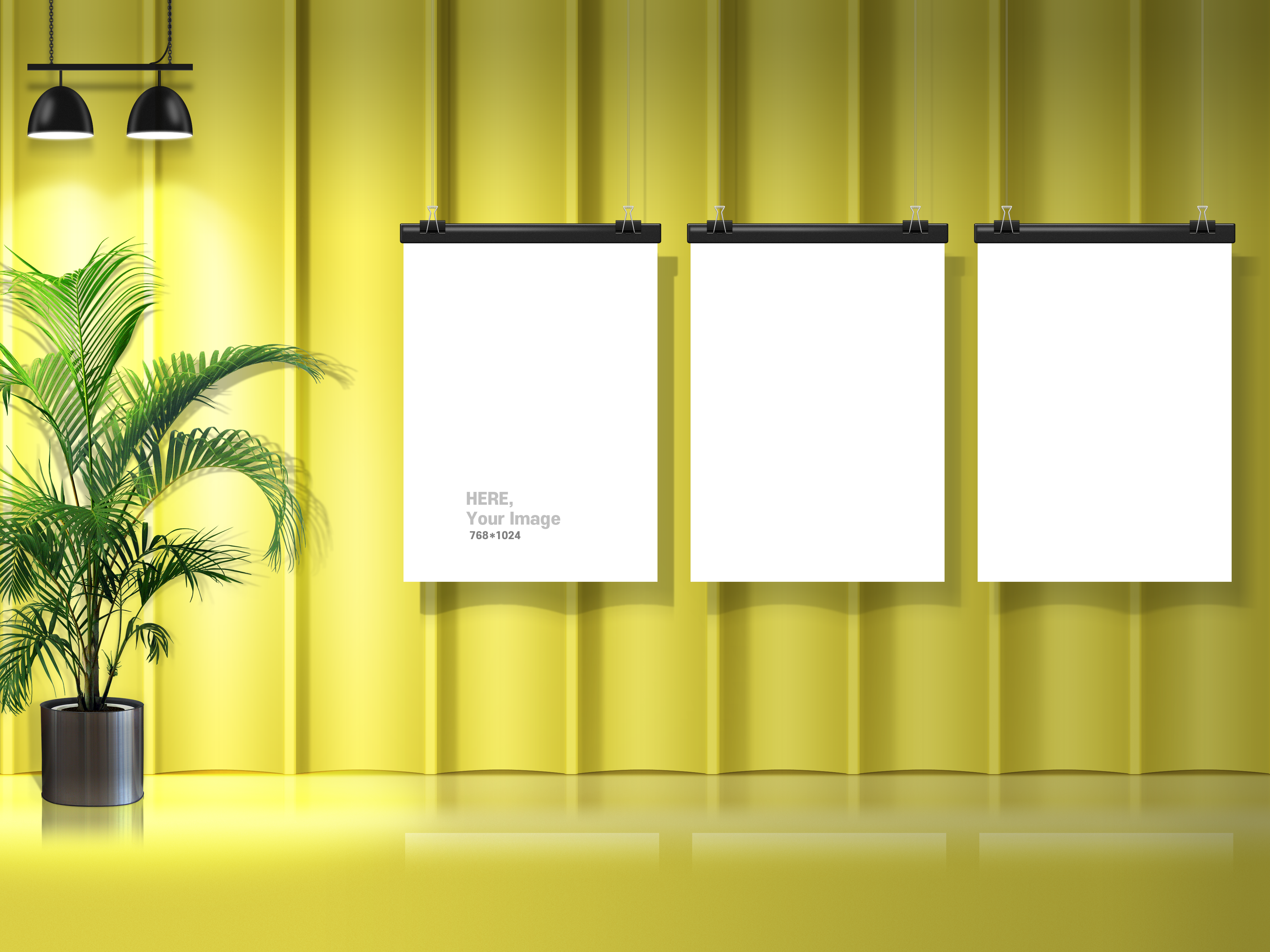 Interior scene with plant and hanging posters HD Wallpaper