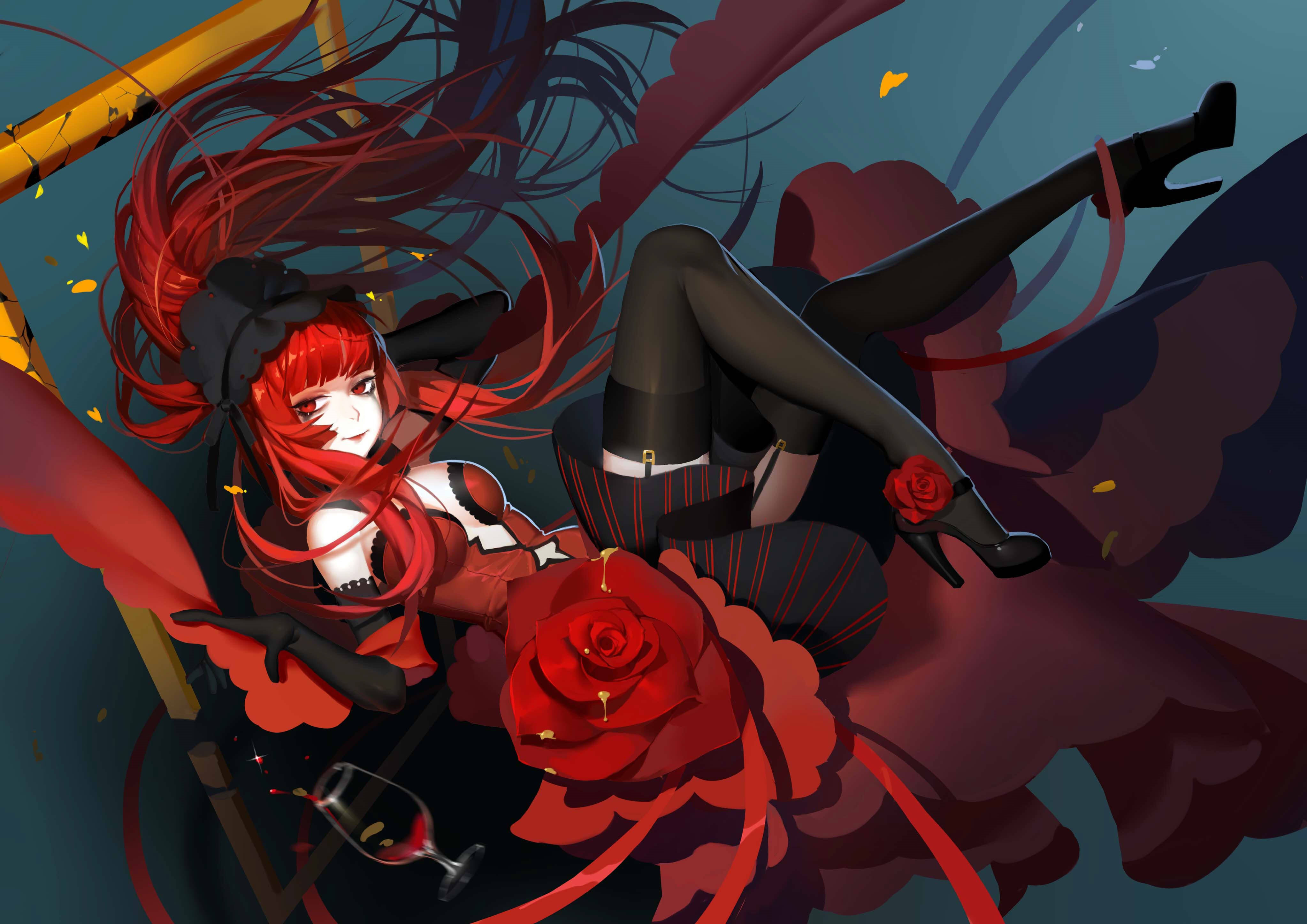 Anime girl with red hair in red dress HD Wallpaper