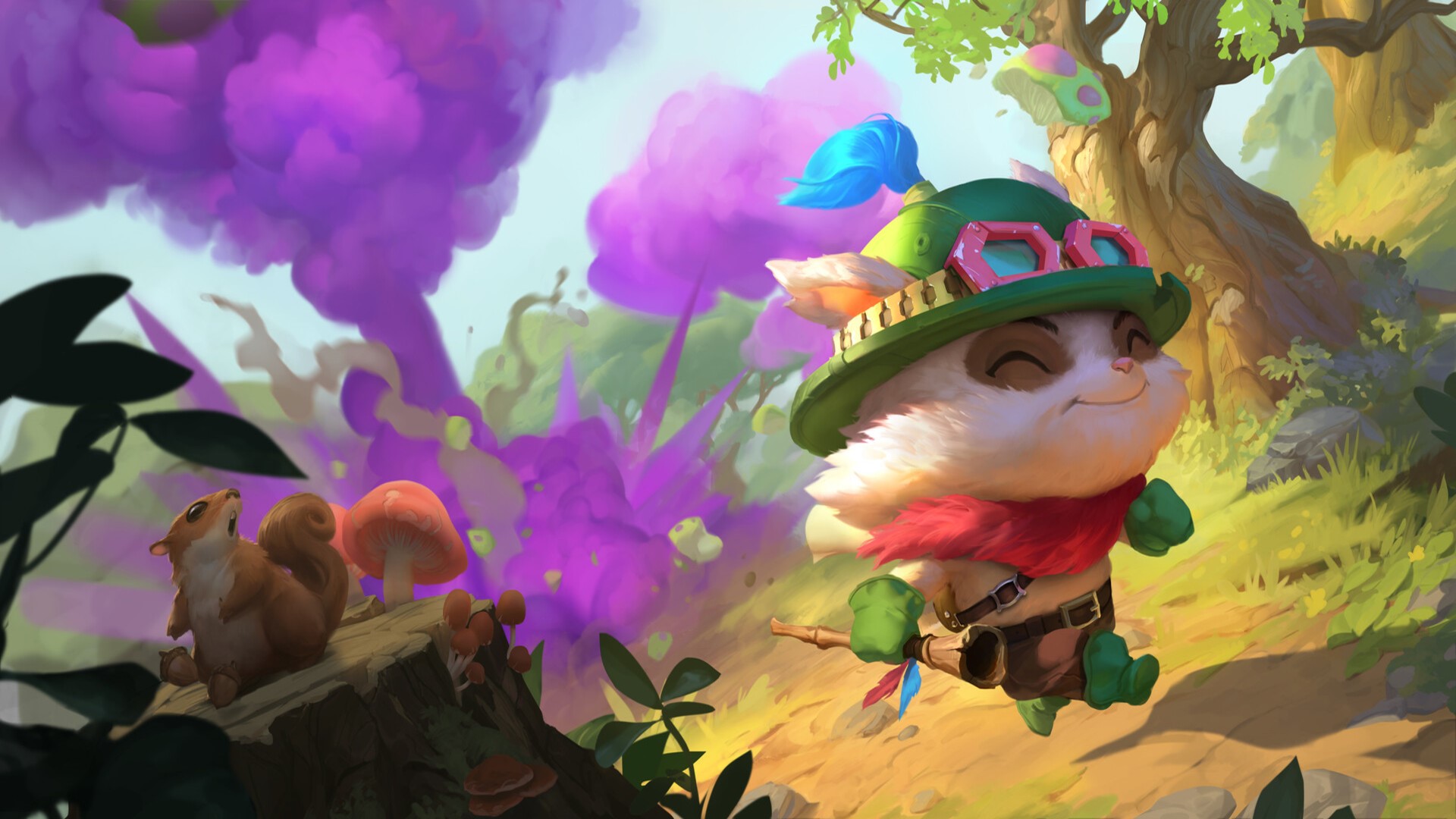 Teemo from League of Legends running through a forest HD Wallpaper