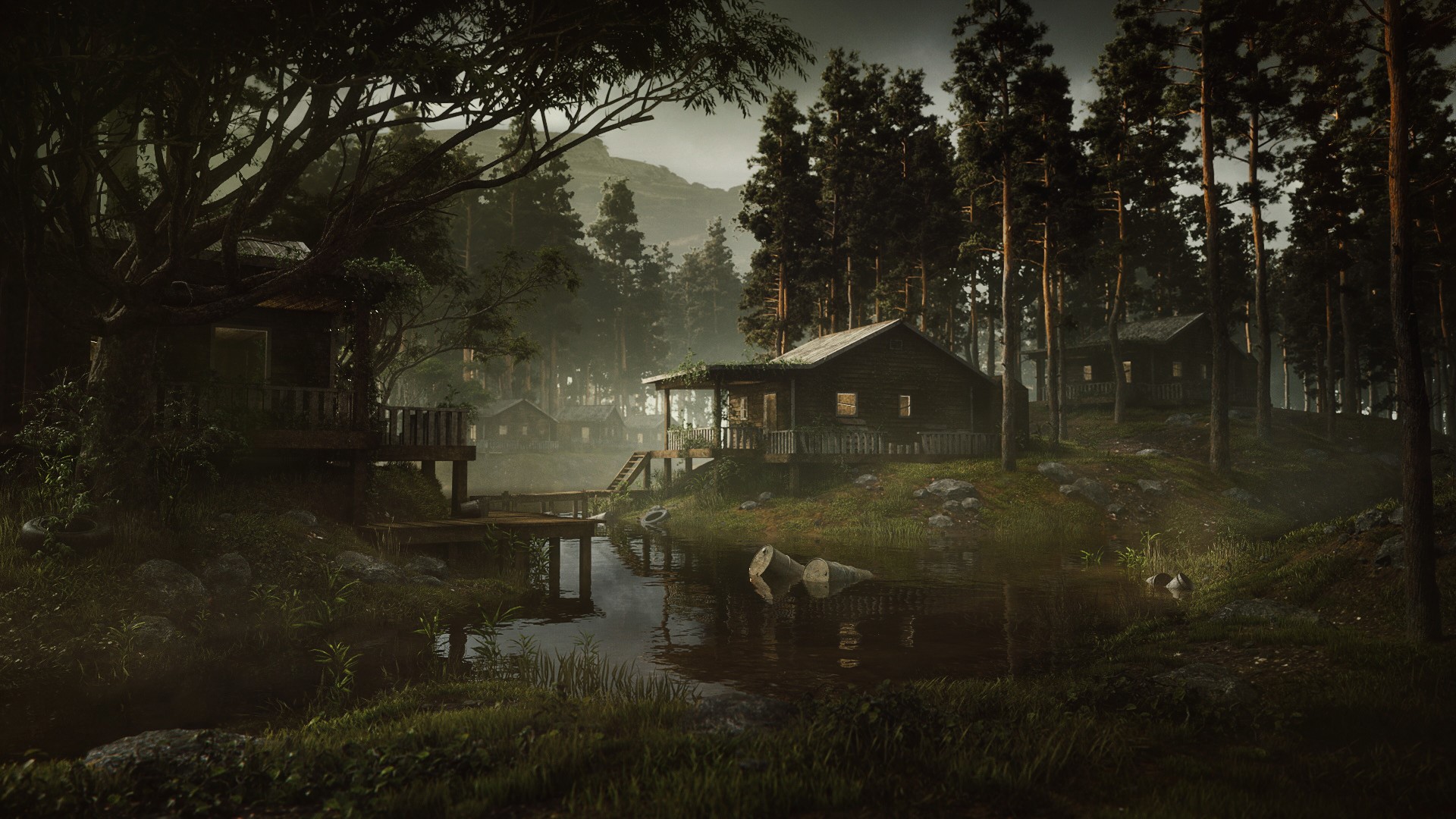 Wooden cabins by a lake in a misty forest HD Wallpaper