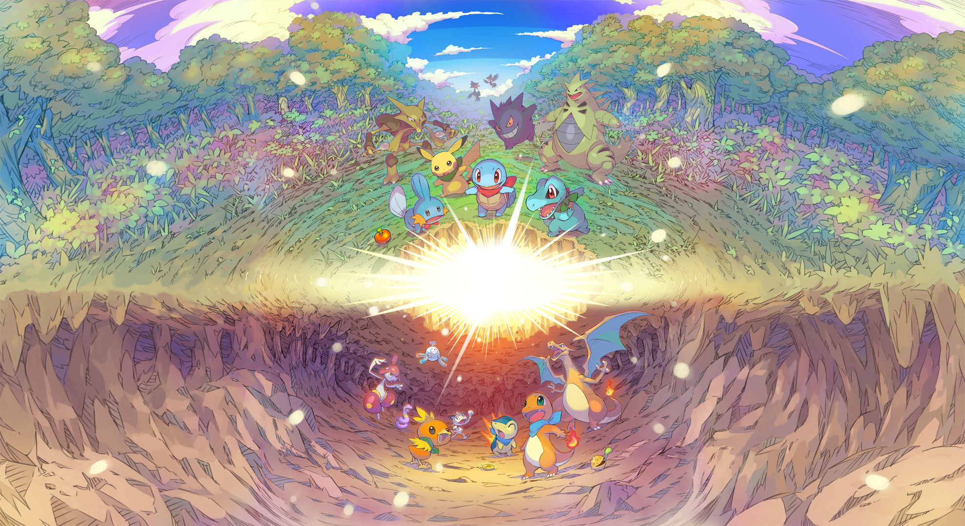 Pokémon Mystery Dungeon: Pokémon group in forest and cave HD Wallpaper