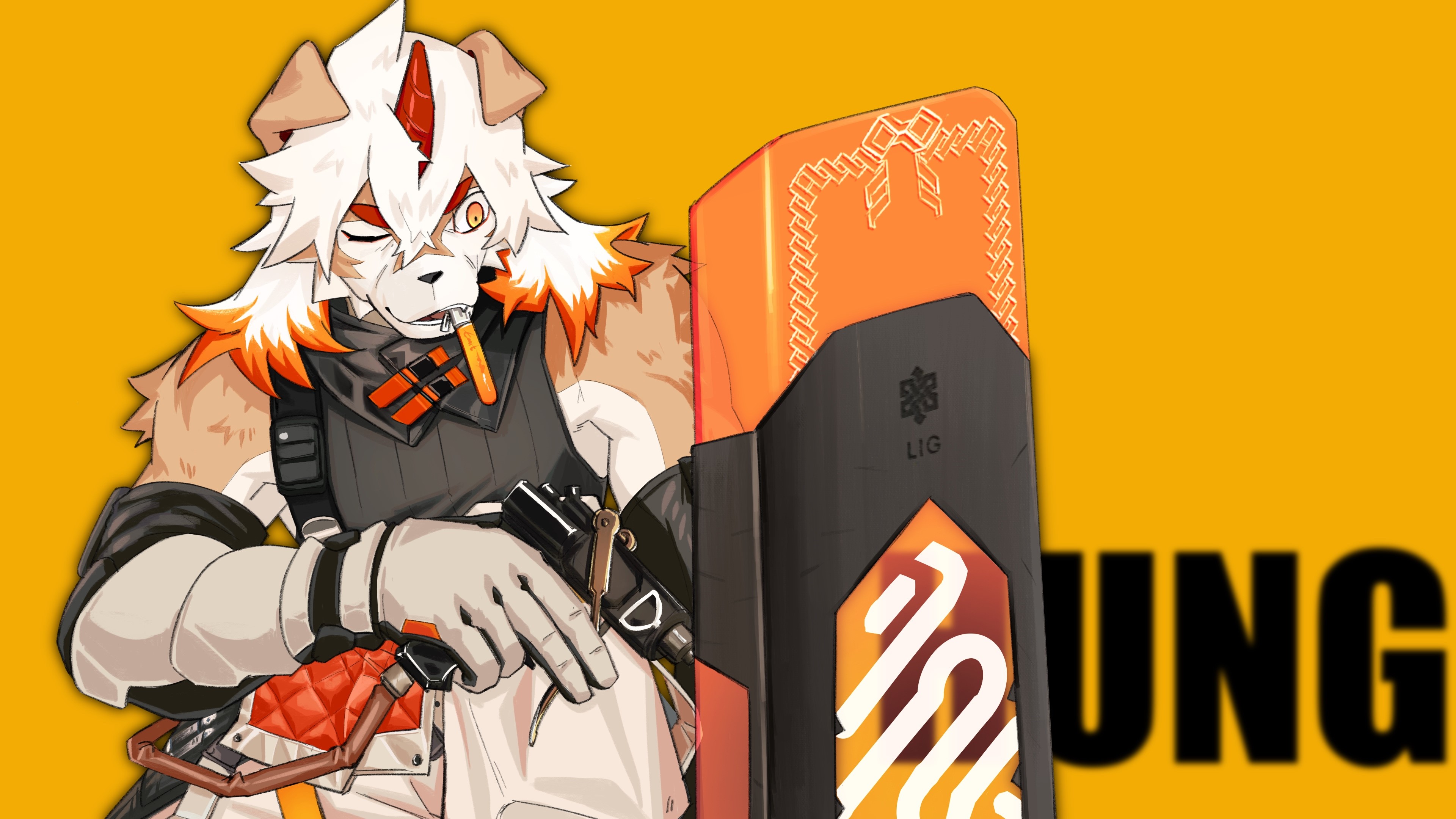 Hung from Arknights on orange background HD Wallpaper