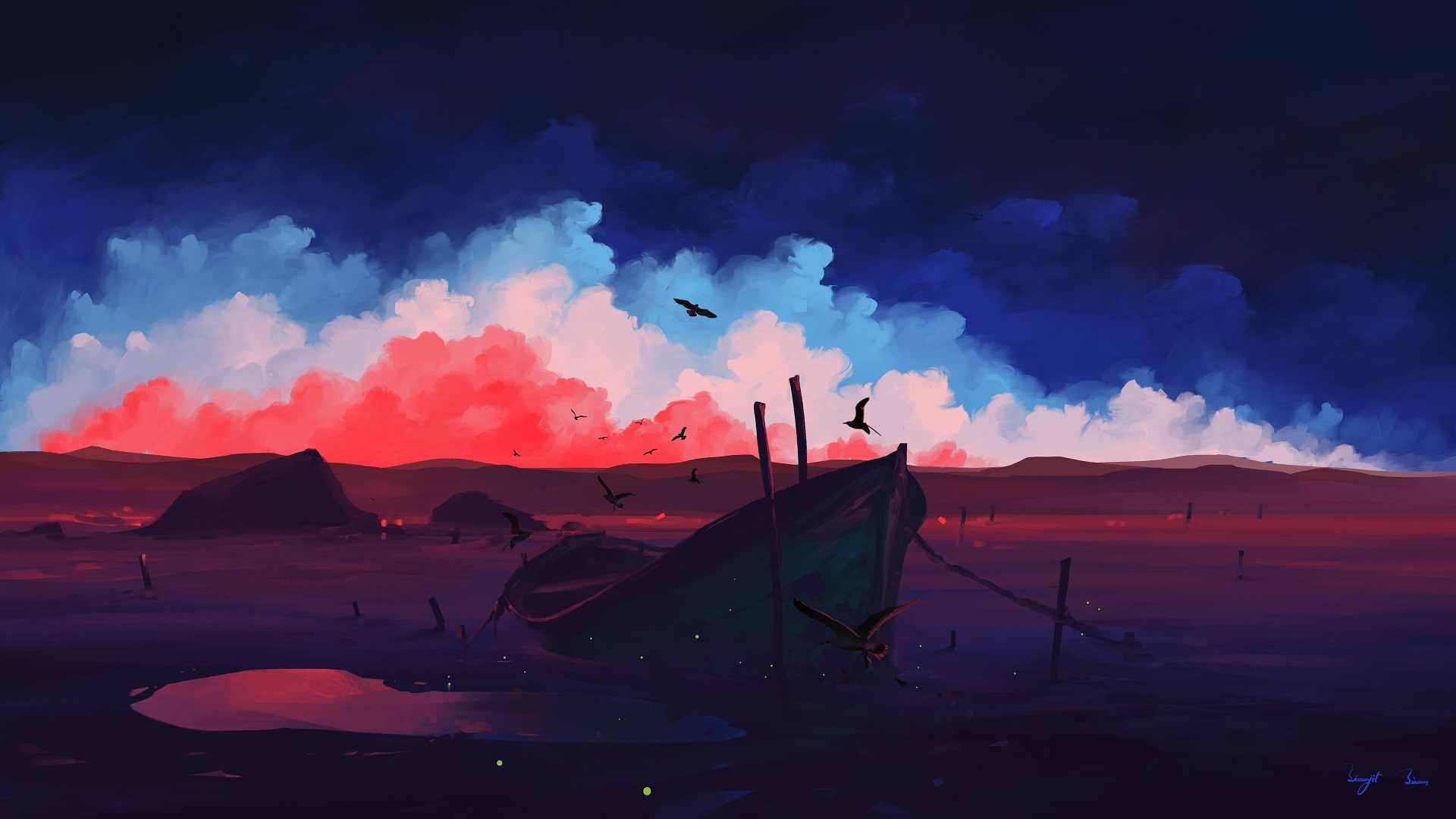 Artwork of a boat on water with colorful clouds and birds HD Wallpaper