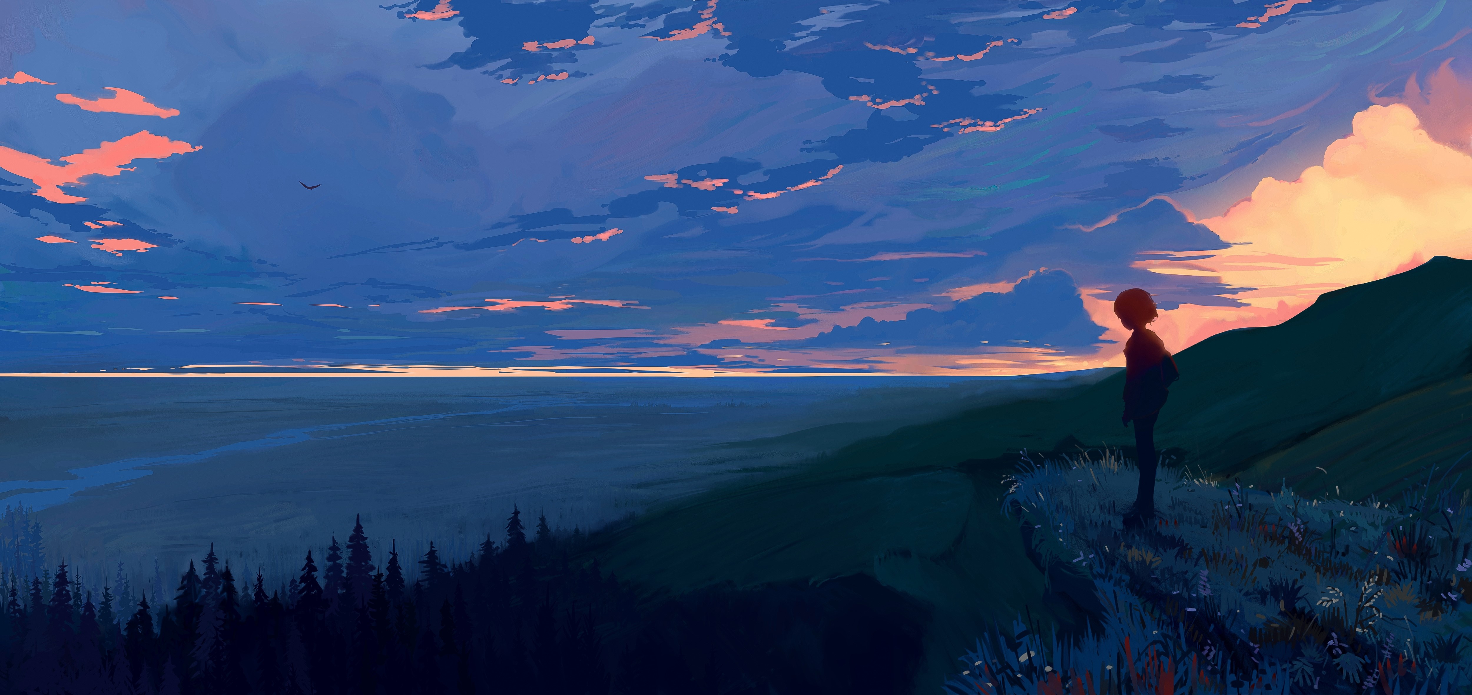 Child watching sunset over a valley with mountains and clouds HD Wallpaper