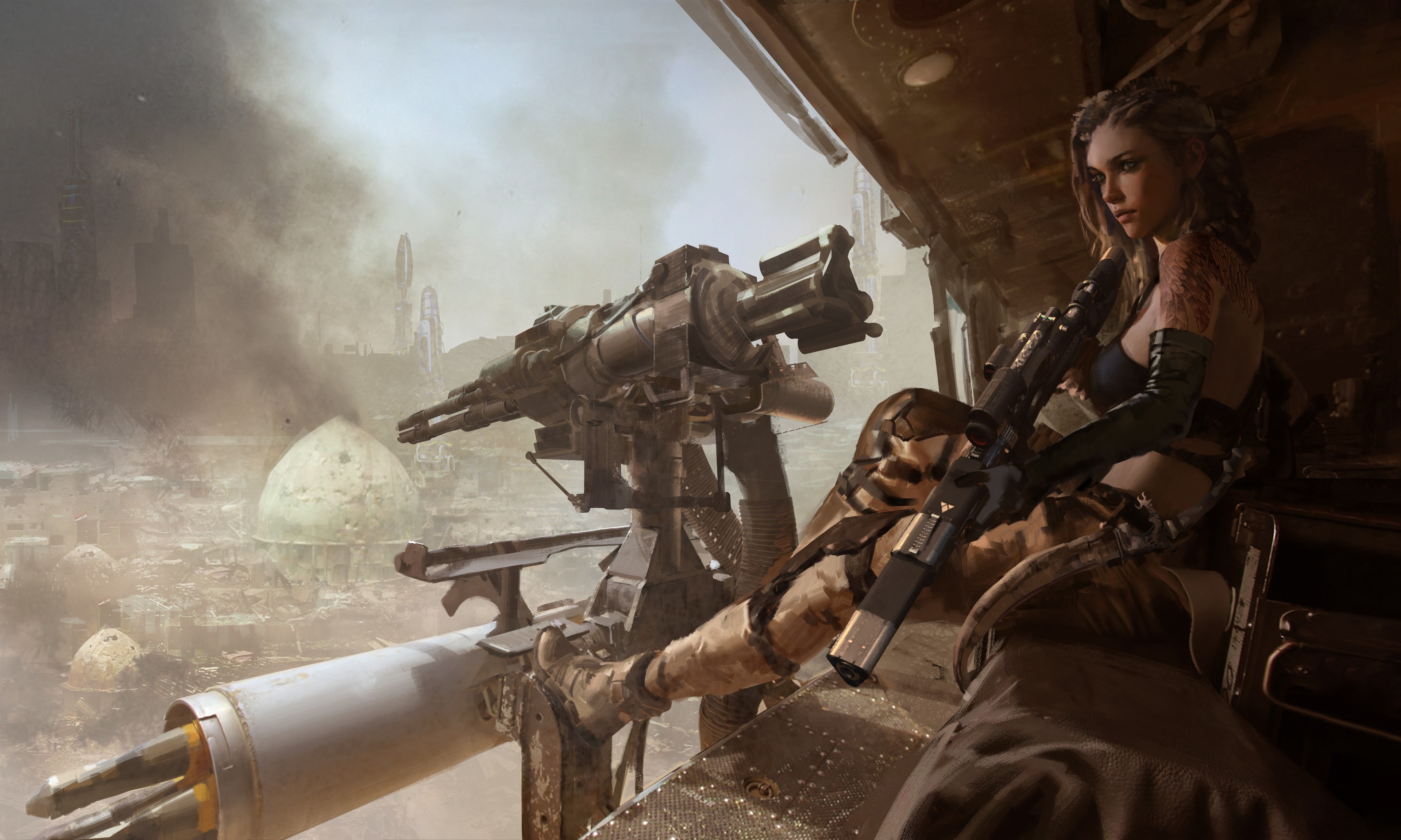 Woman with tattoo and gun in futuristic warzone HD Wallpaper