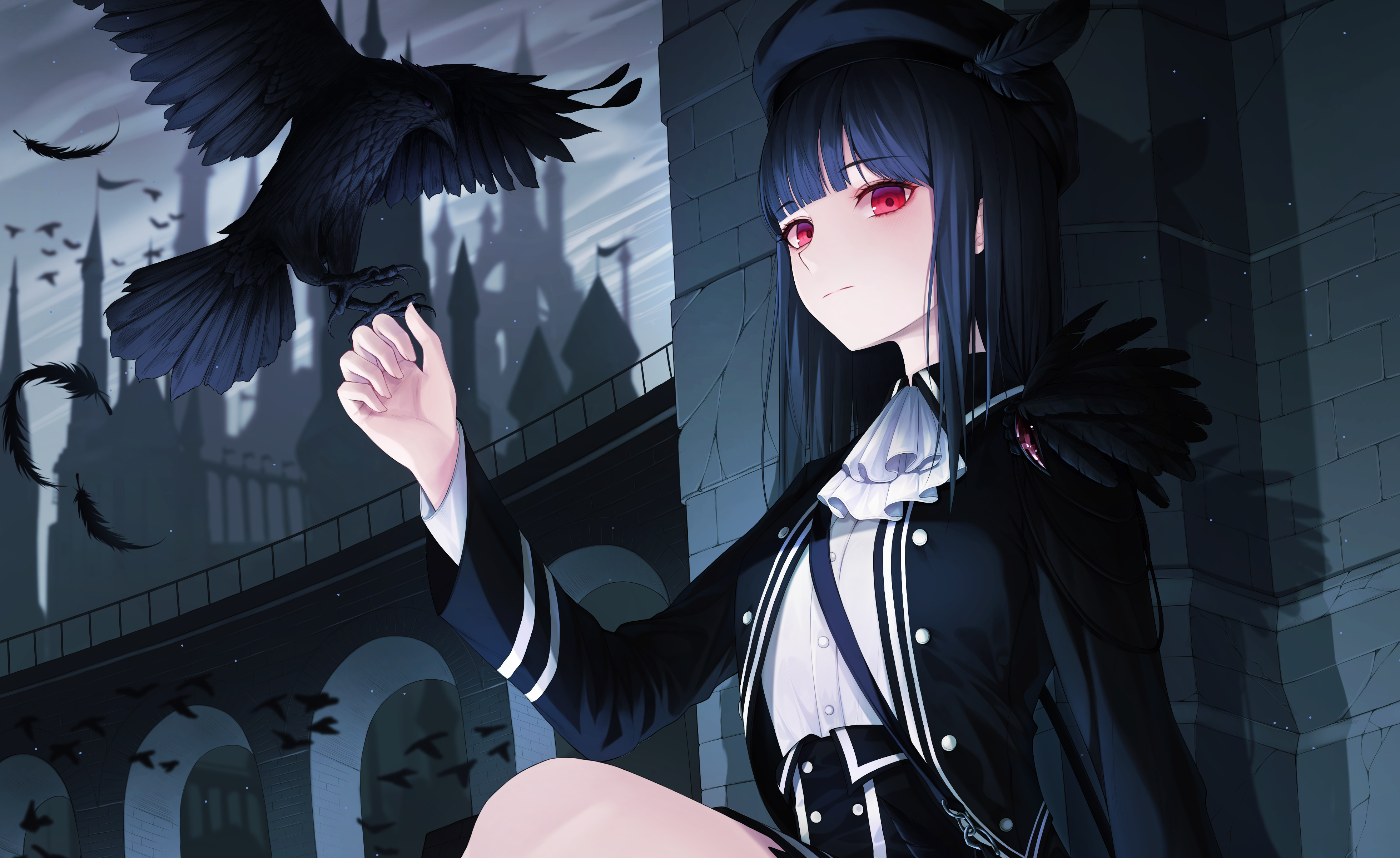 Anime girl with red eyes and crow HD Wallpaper