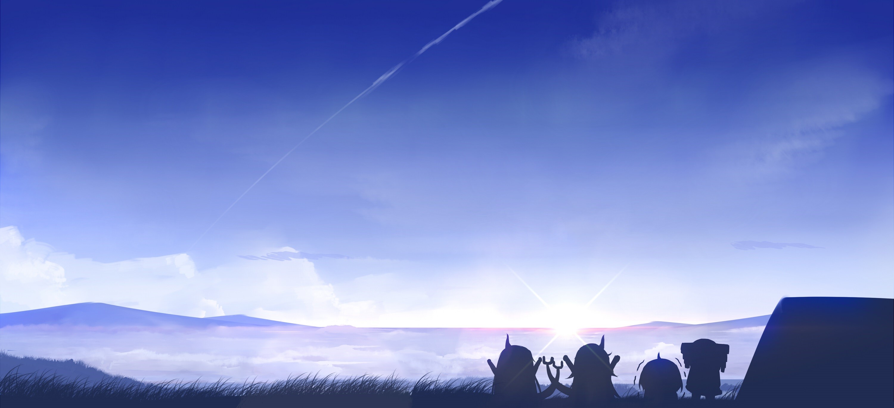 Anime characters watching the sunrise over mountains HD Wallpaper