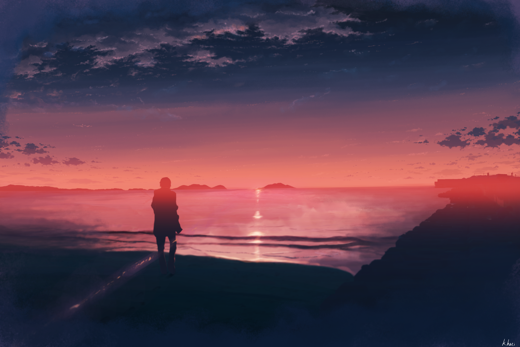 Anime silhouette walking on beach at sunset HD Wallpaper