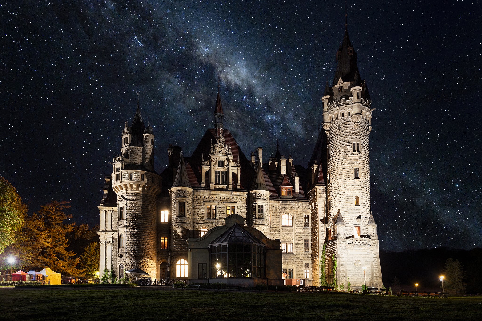 Moszna Castle at night with the Milky Way HD Wallpaper