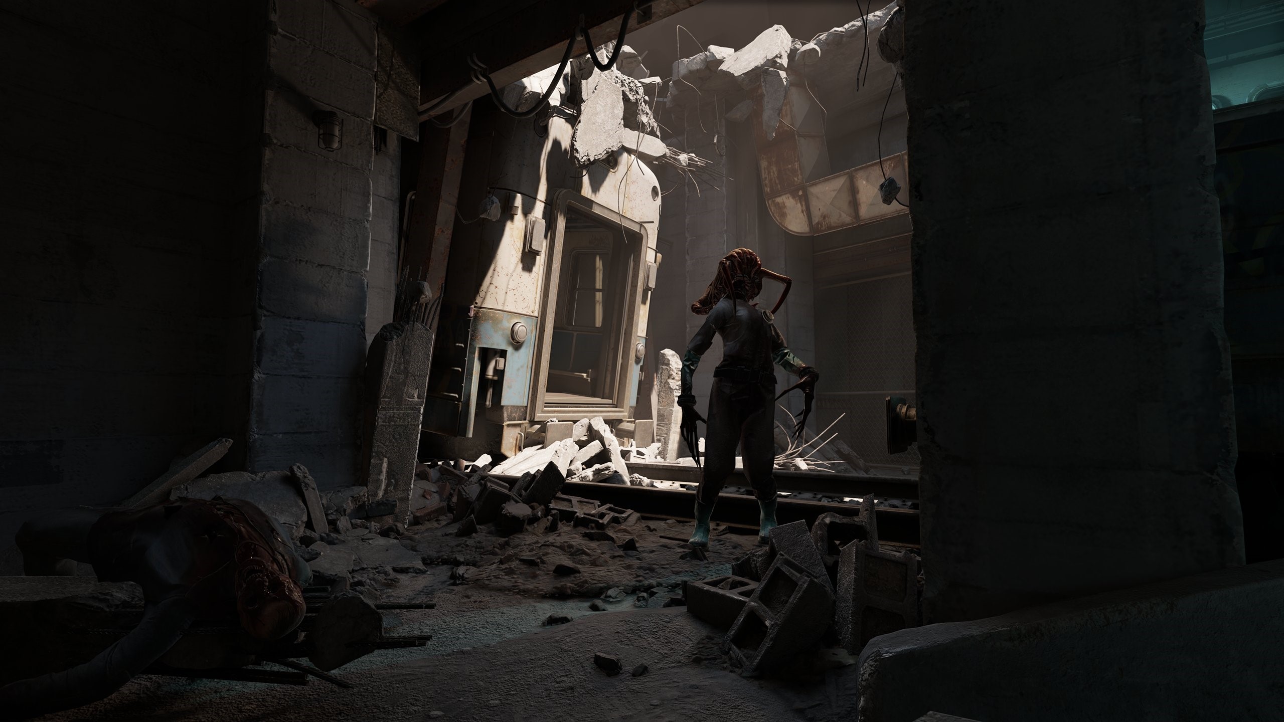 Horror scene in a destroyed subway with a corpse HD Wallpaper