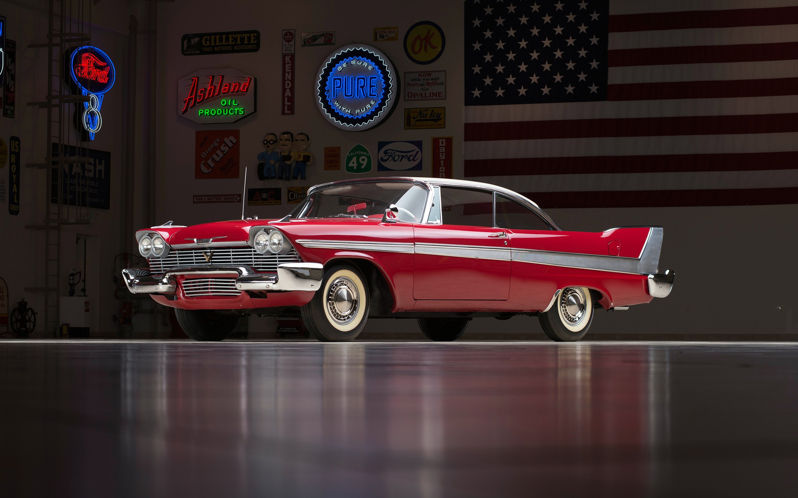 Red 1958 Plymouth Fury Christine in garage with American flag HD Wallpaper