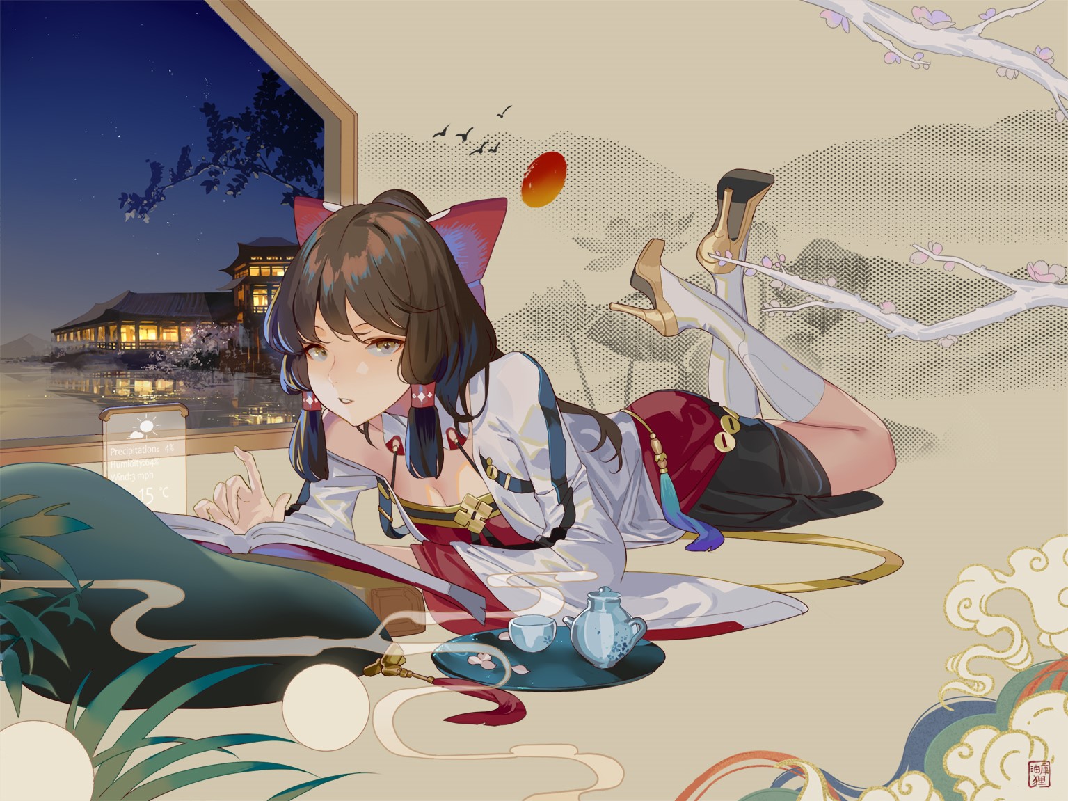 Anime girl with cat ears lying down with tea set HD Wallpaper