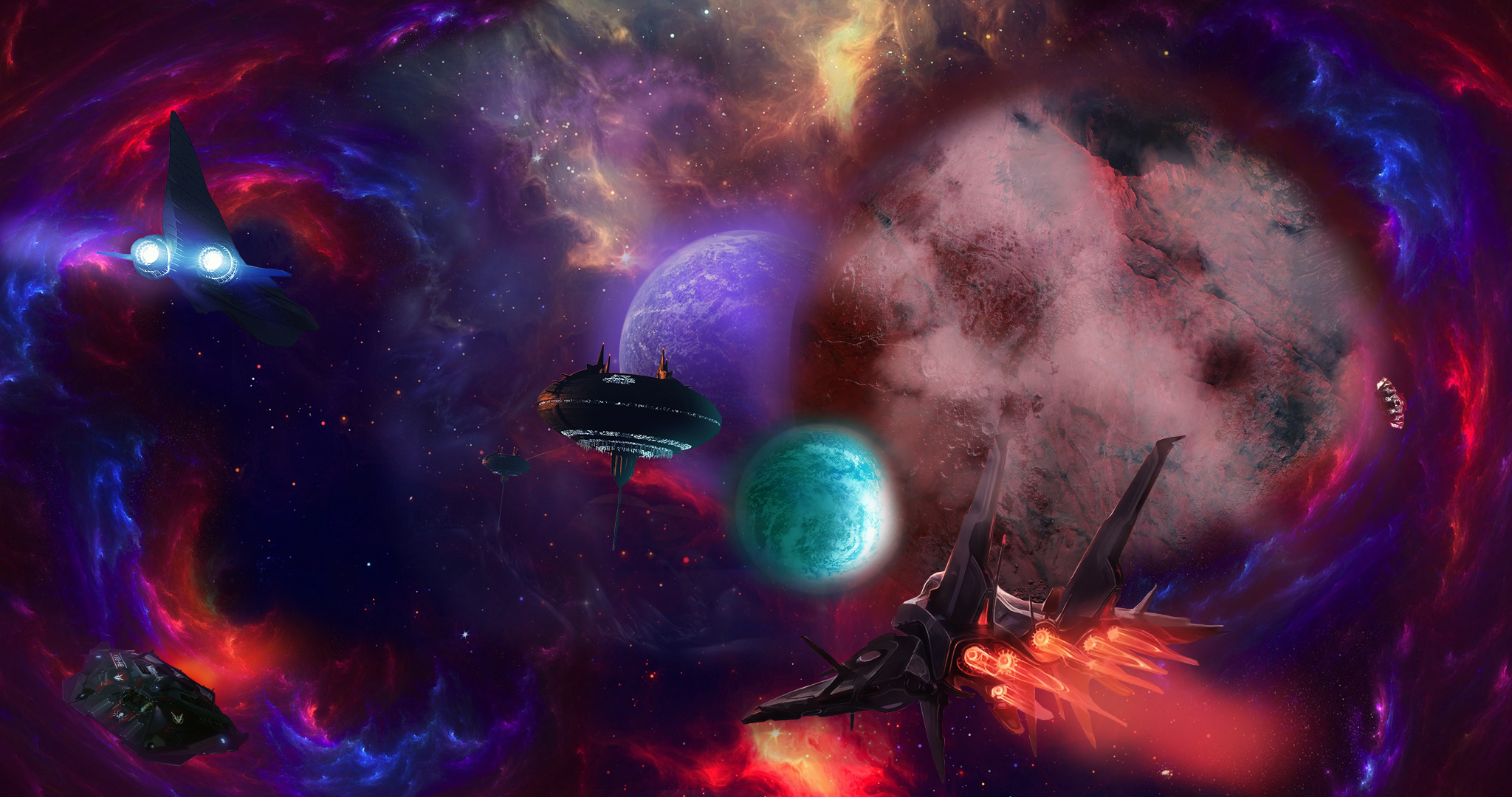 Spaceships and planets in a colorful nebula HD Wallpaper