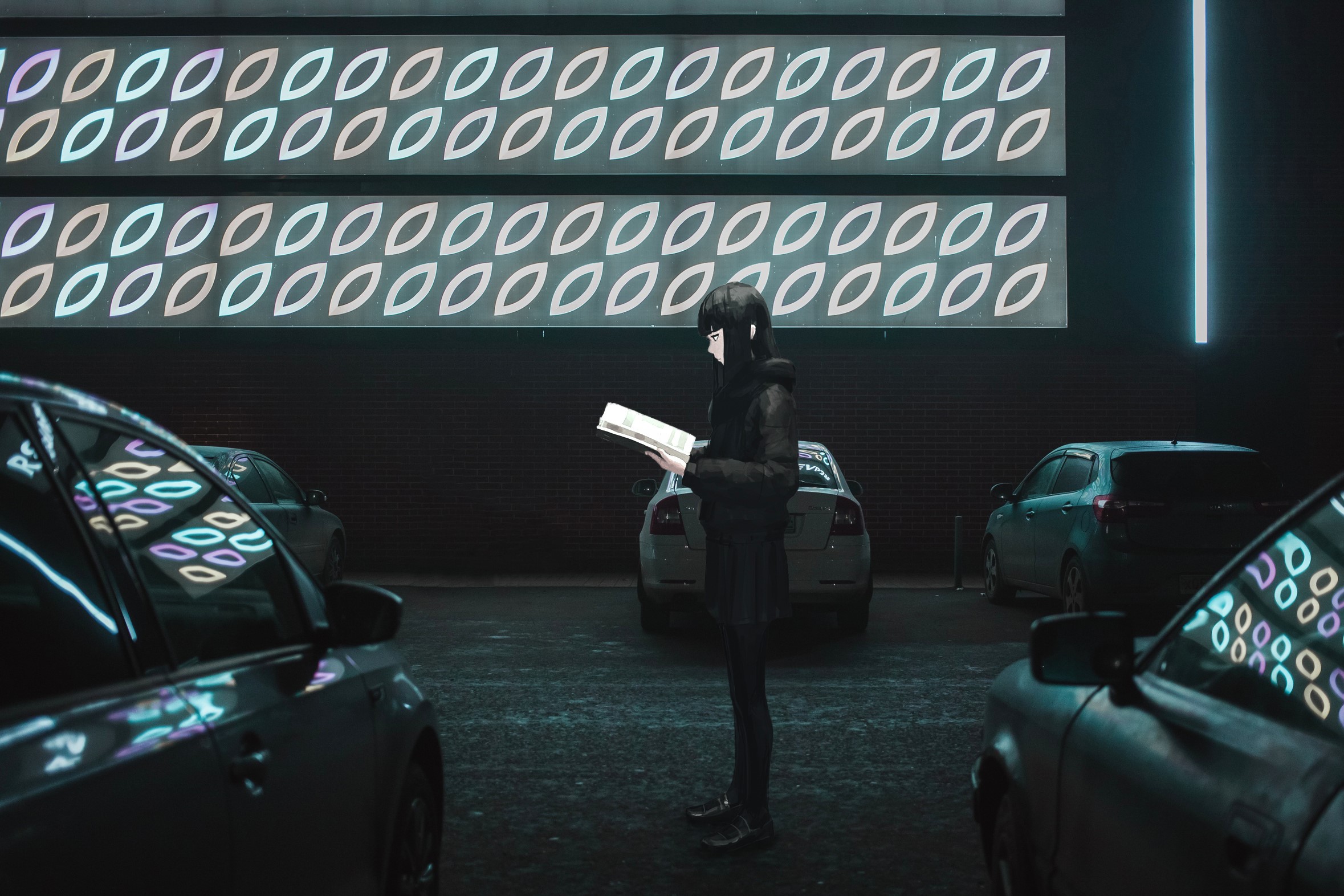 Anime girl reading a book in a parking lot HD Wallpaper