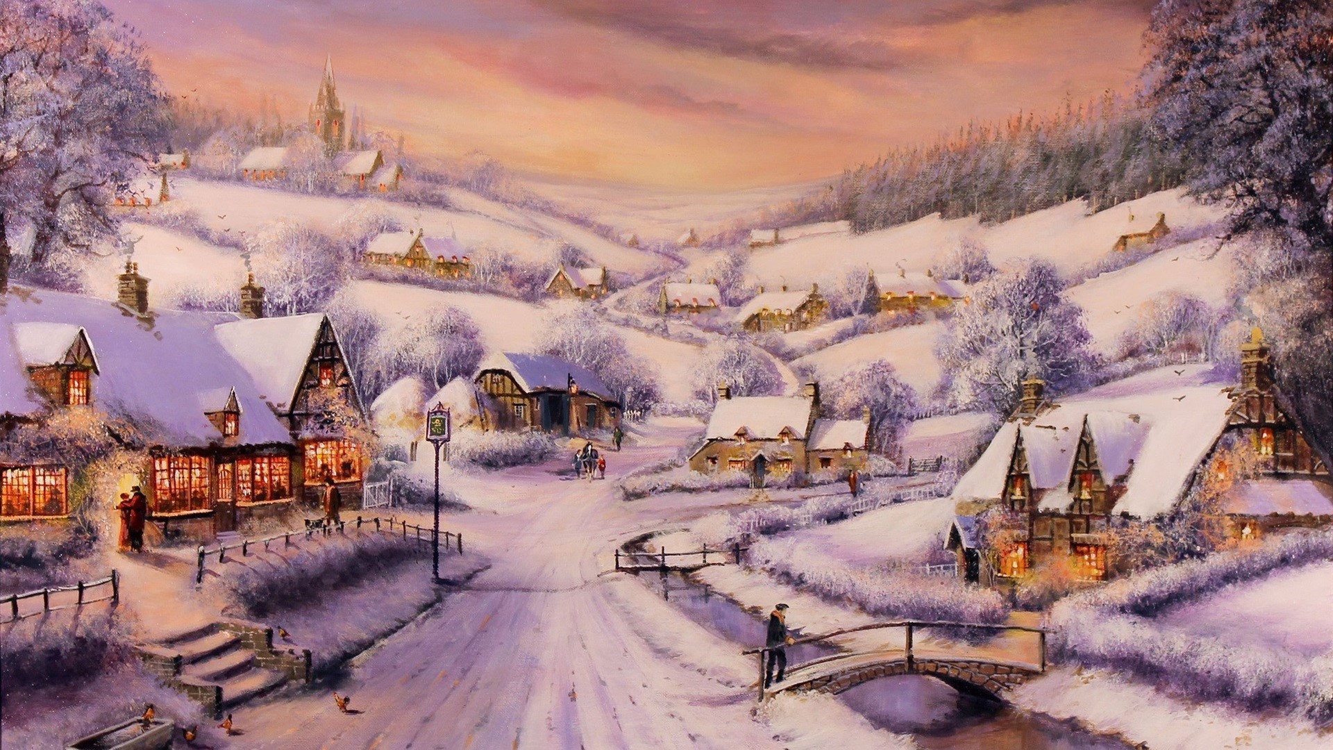 Snowy village landscape painting with houses and people HD Wallpaper