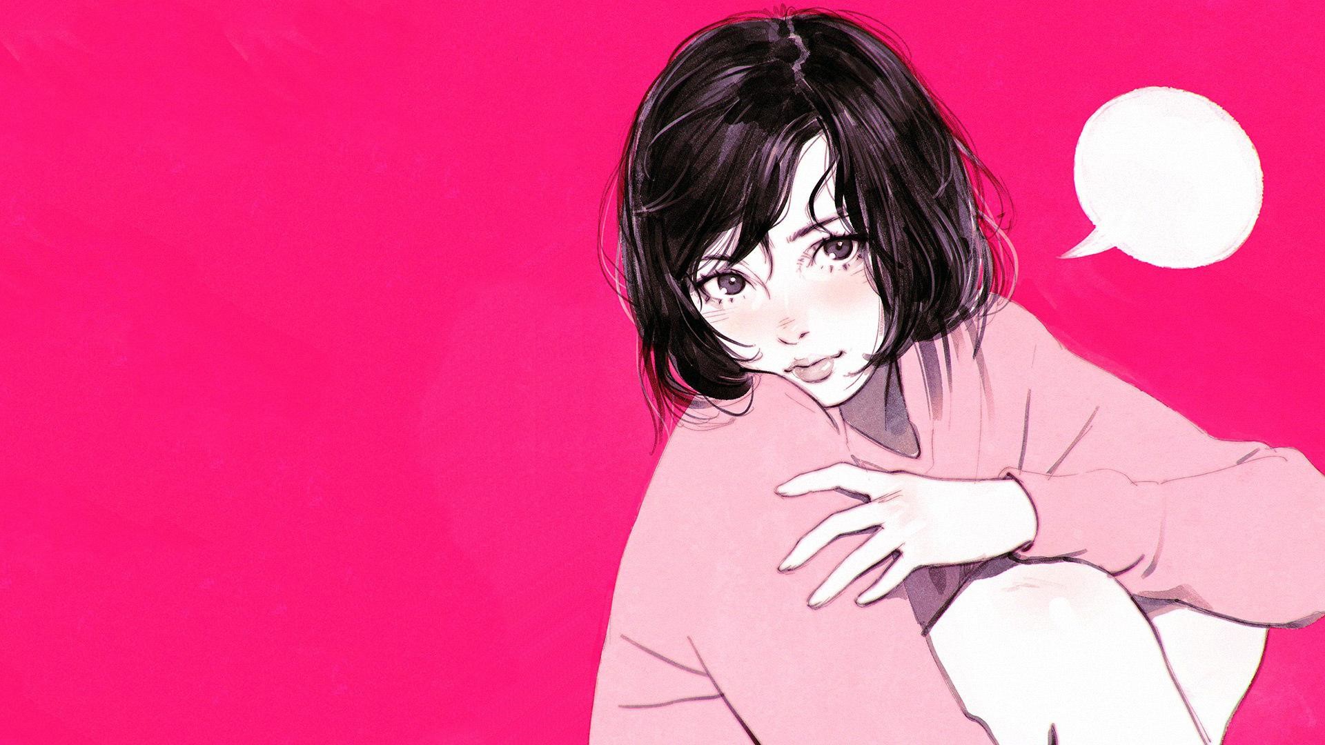 Anime girl with short black hair and pink sweater HD Wallpaper