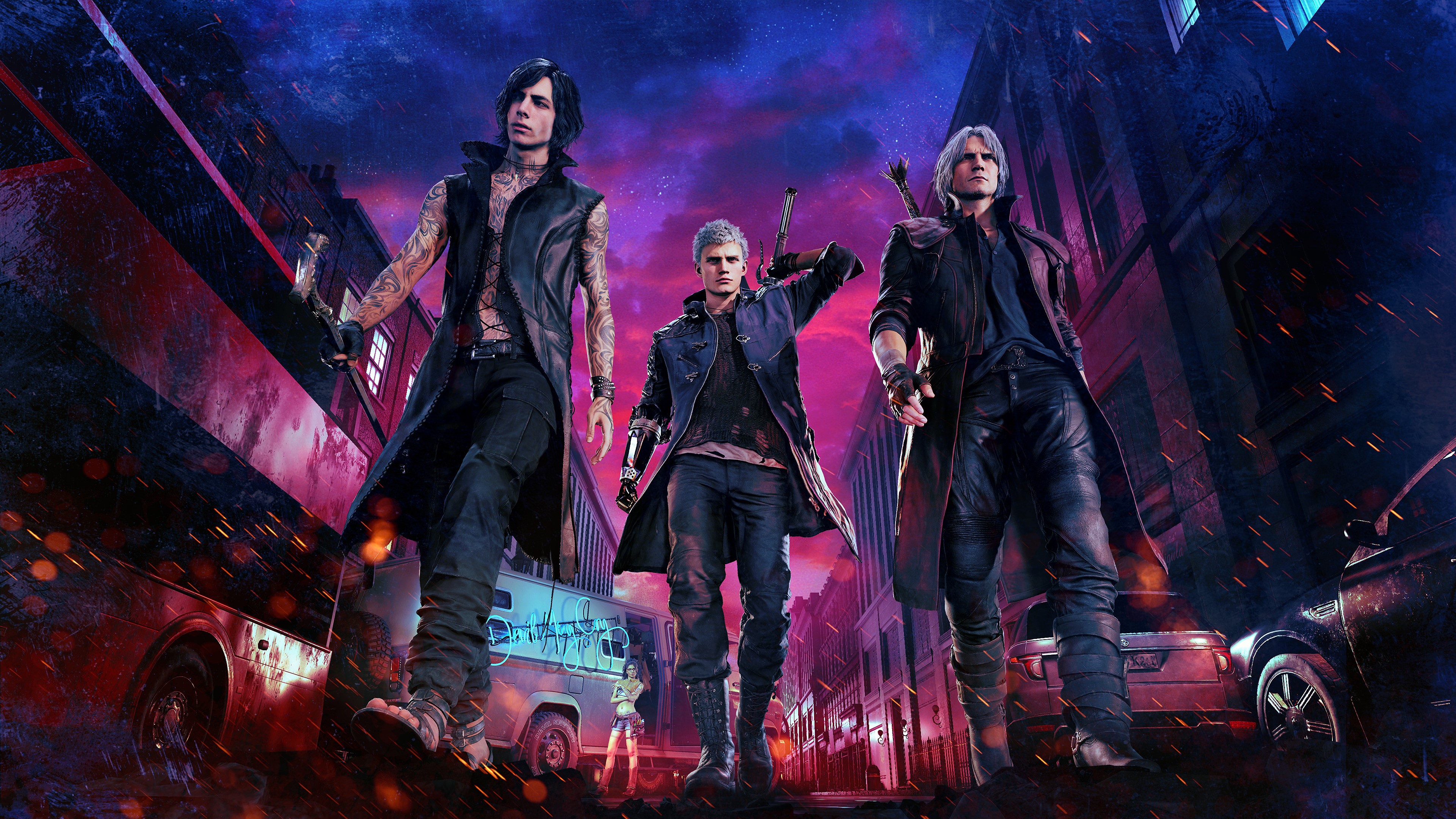 Devil May Cry 5 characters in a city at night HD Wallpaper