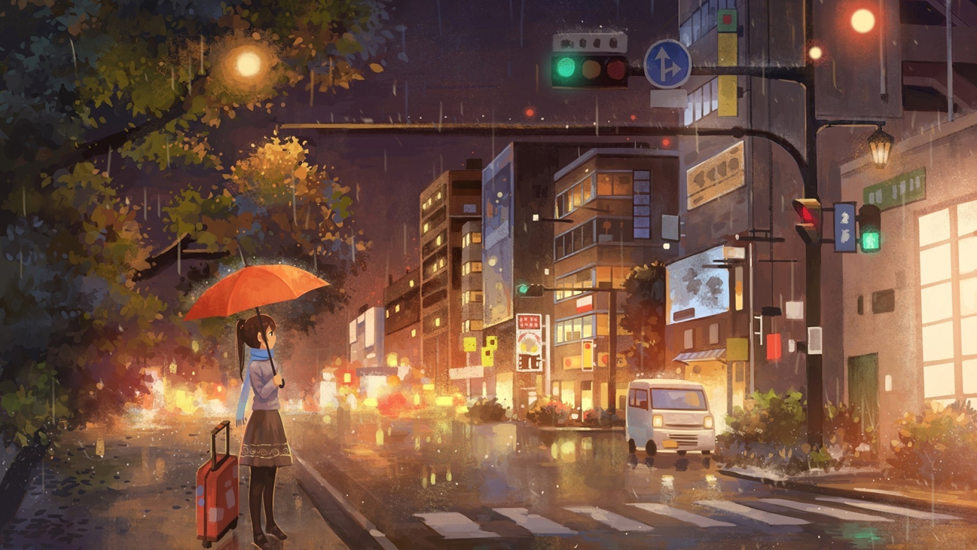Anime girl with umbrella and suitcase in the rain HD Wallpaper