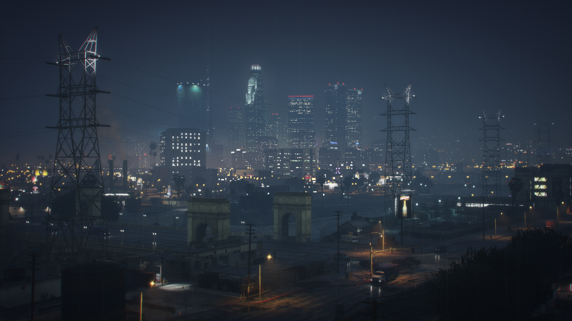 Nighttime Los Santos cityscape with power lines and arches HD Wallpaper
