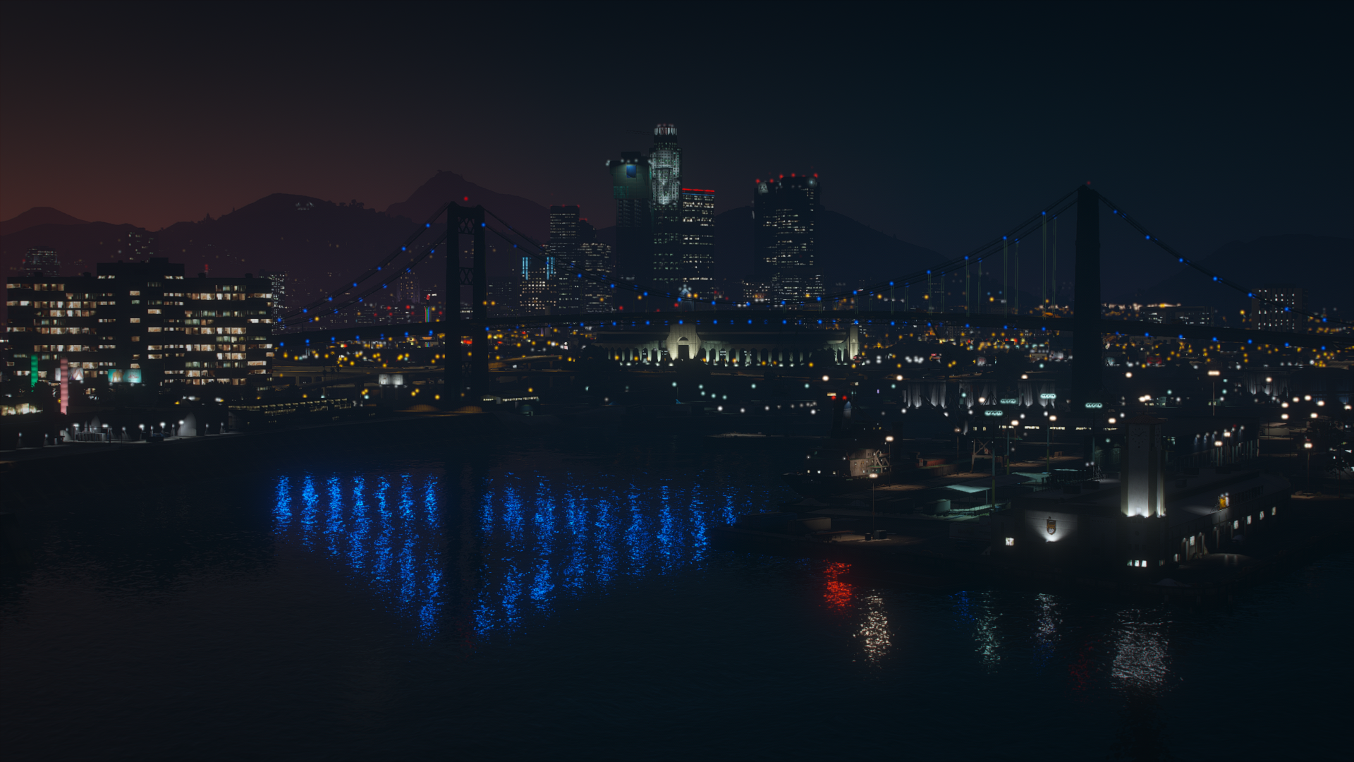 Los Santos cityscape with bridge and water at night HD Wallpaper