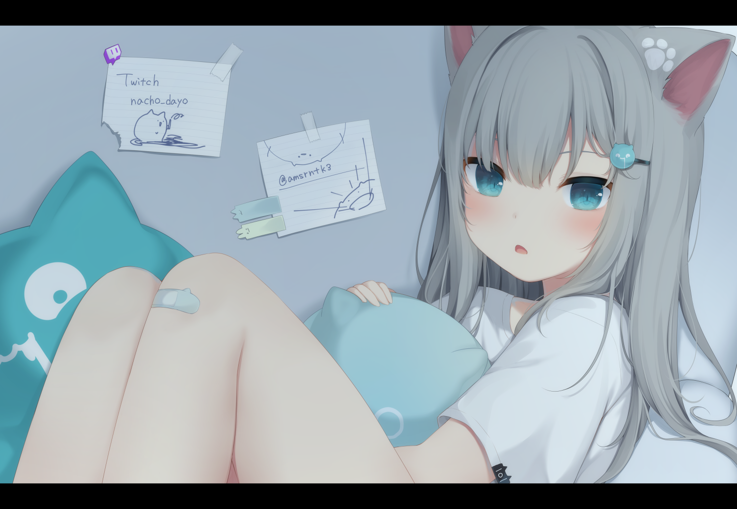 Anime girl with cat ears holding a pillow HD Wallpaper