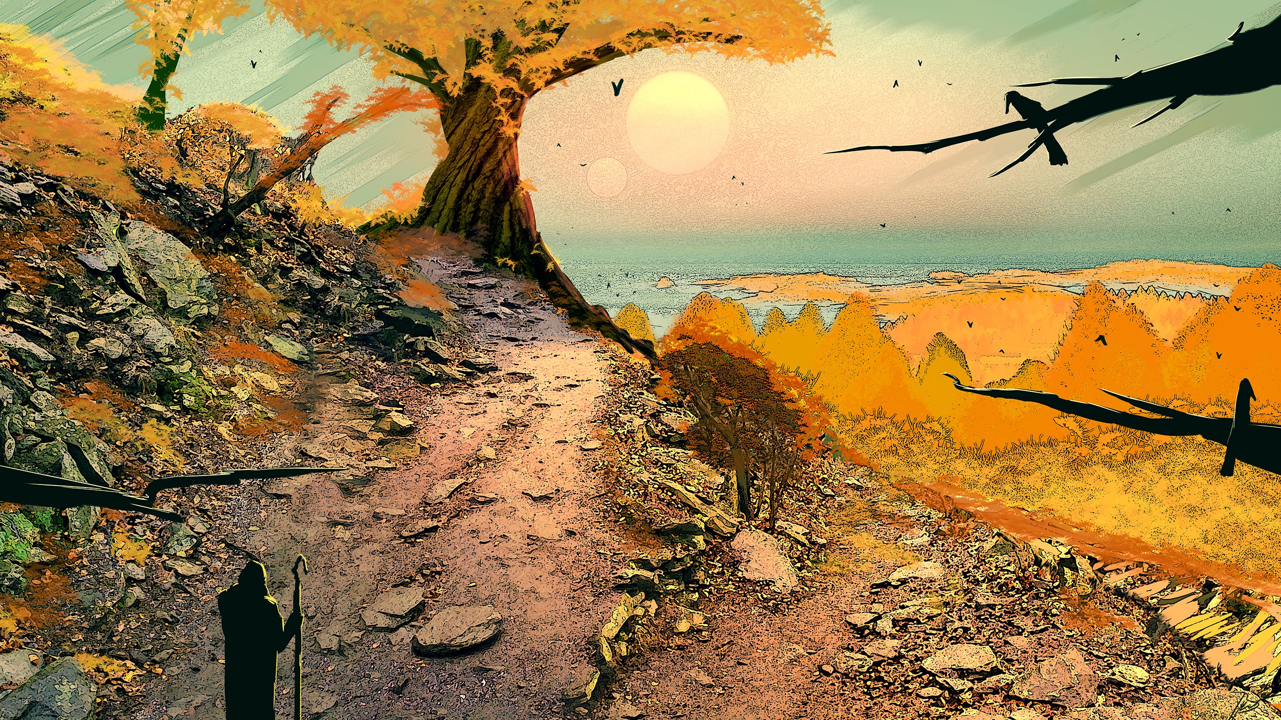 Fantasy landscape with a traveler and alien suns HD Wallpaper