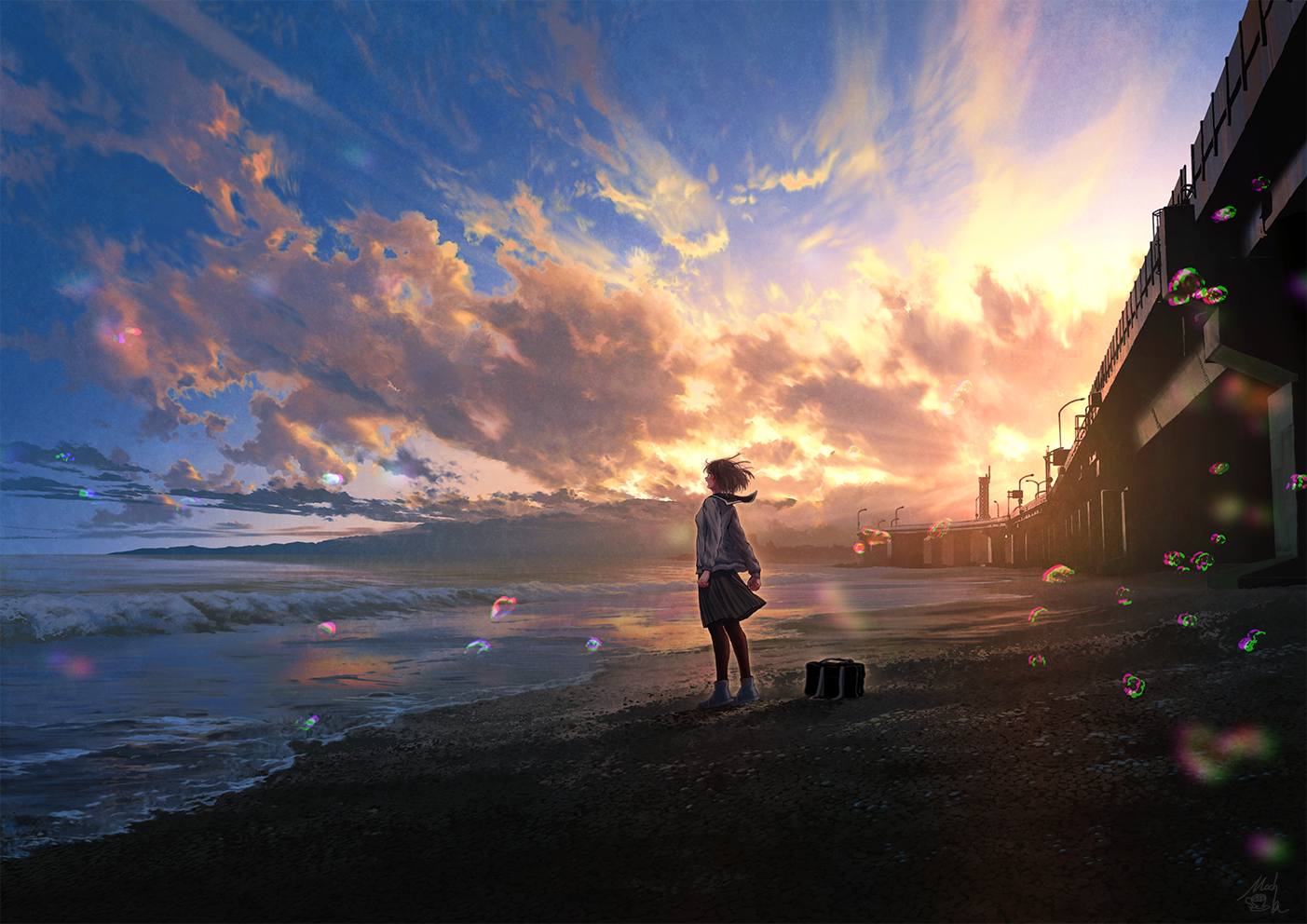 Anime girl on a beach at sunset with bubbles HD Wallpaper
