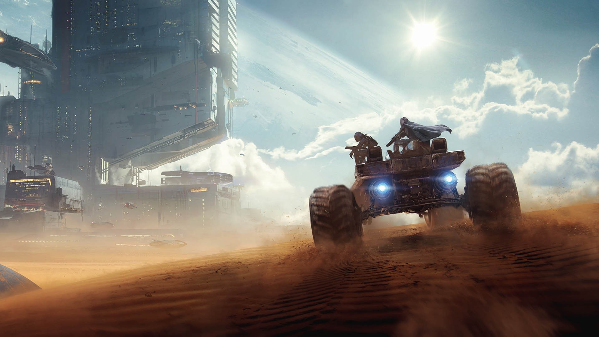 Futuristic desert vehicle with two figures near a sci-fi city HD Wallpaper