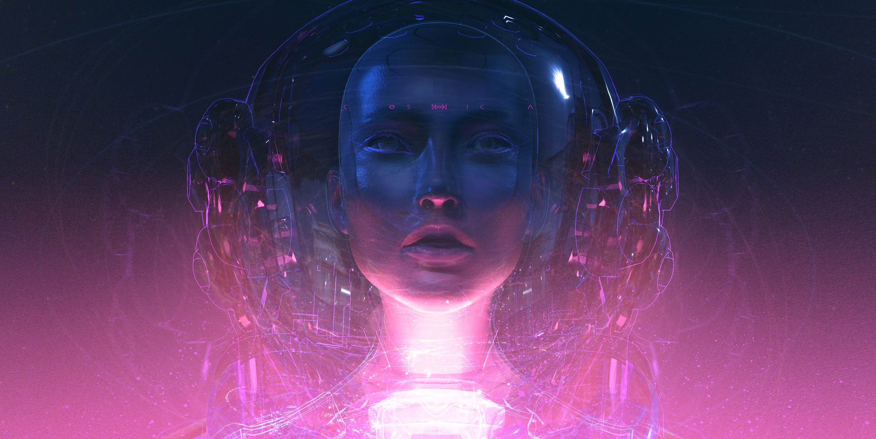Holographic android head with pink and blue light HD Wallpaper