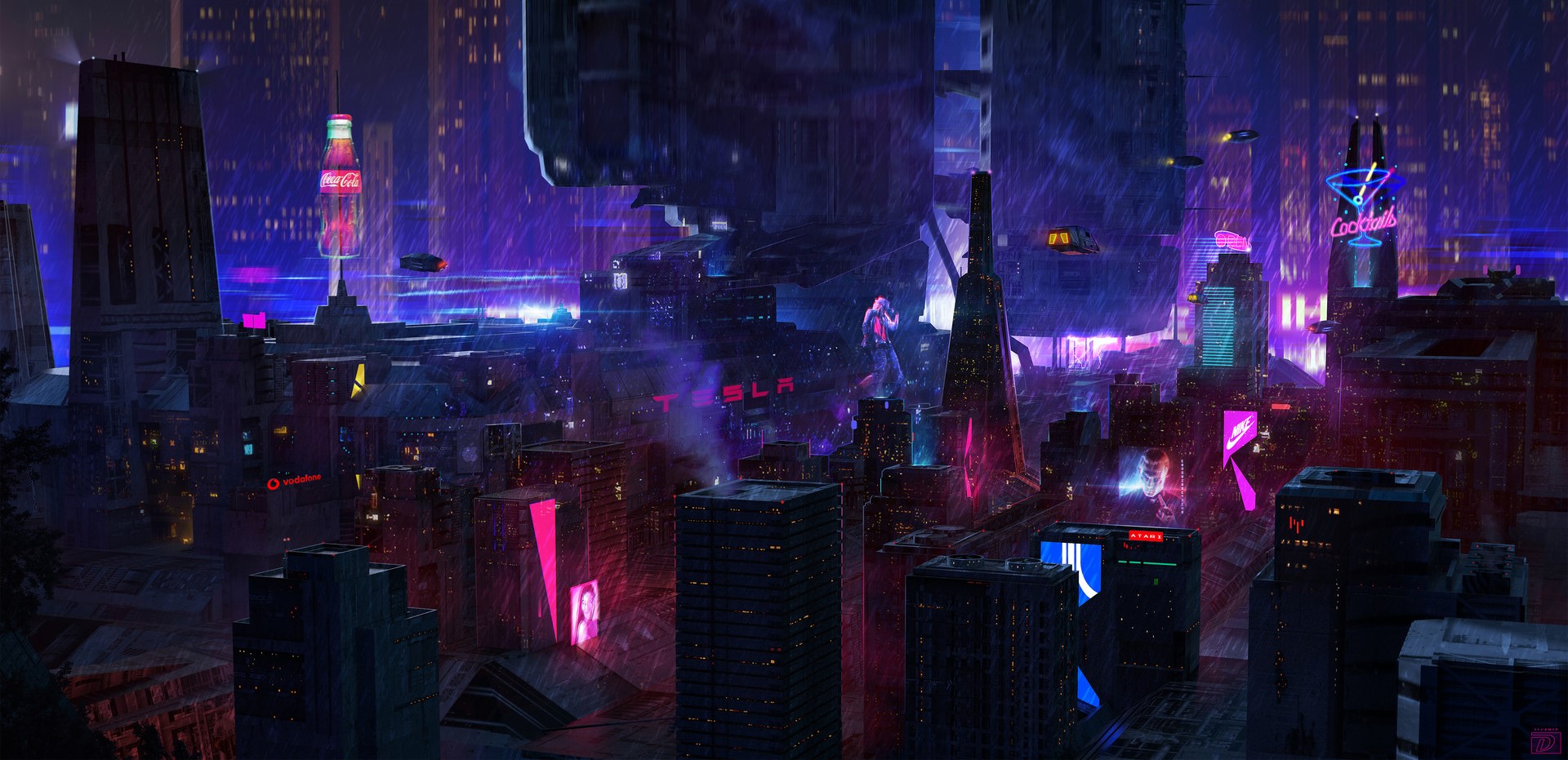 Cyberpunk cityscape with neon signs and flying cars in the rain HD Wallpaper