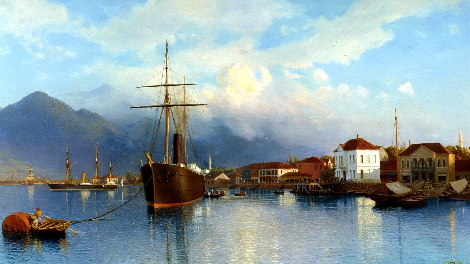Painting of ships and buildings in a harbor with mountains HD Wallpaper