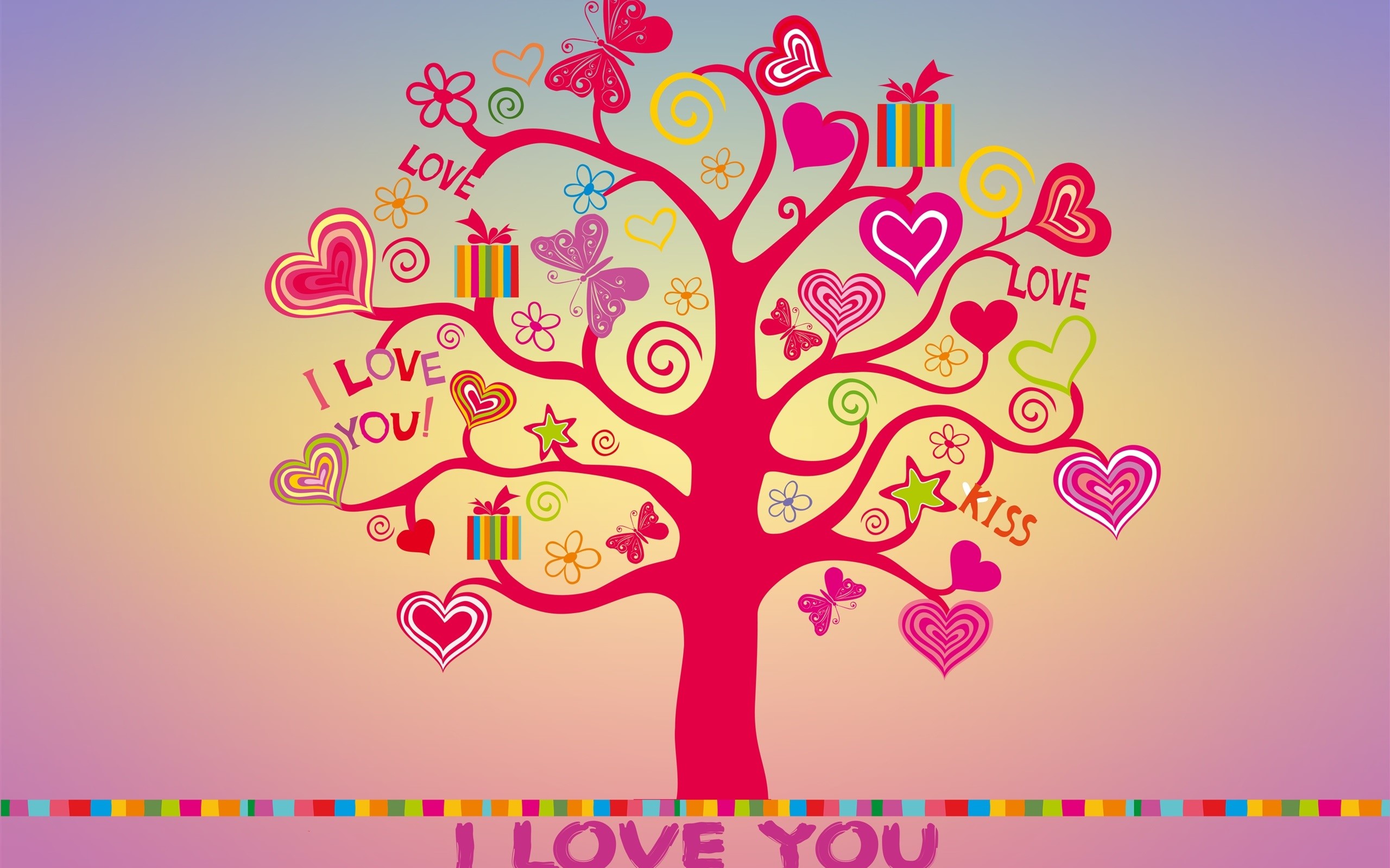 Love Tree with Hearts and Gifts HD Wallpaper