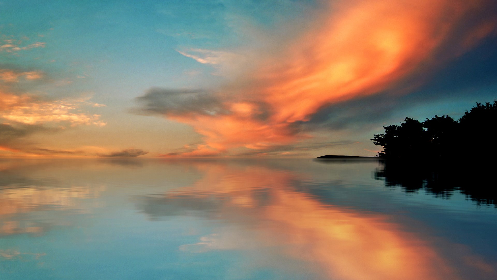 Sunset over the water with reflection and trees HD Wallpaper