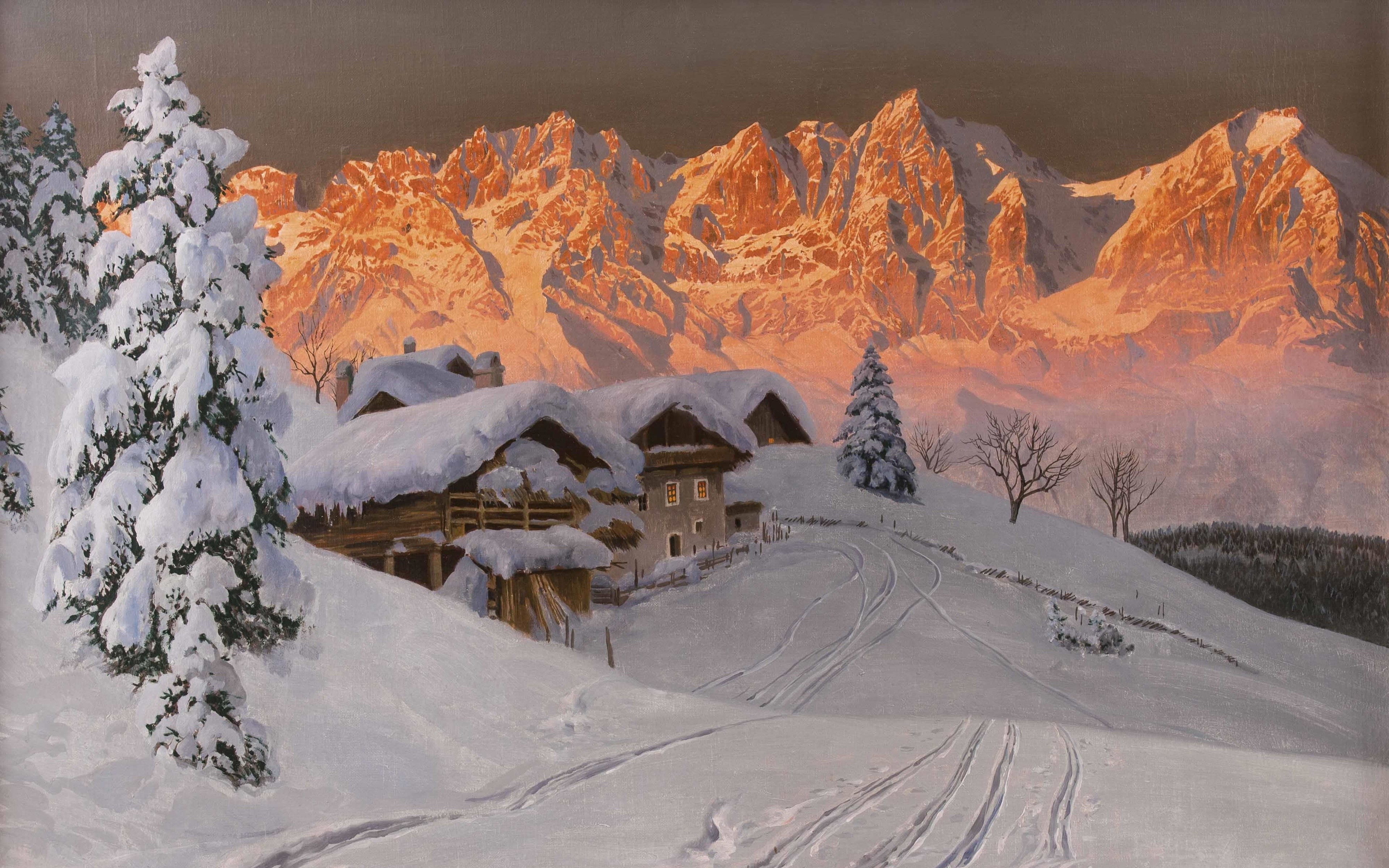 Winter scene with snow-covered chalets and mountains by Alois Arnegger HD Wallpaper