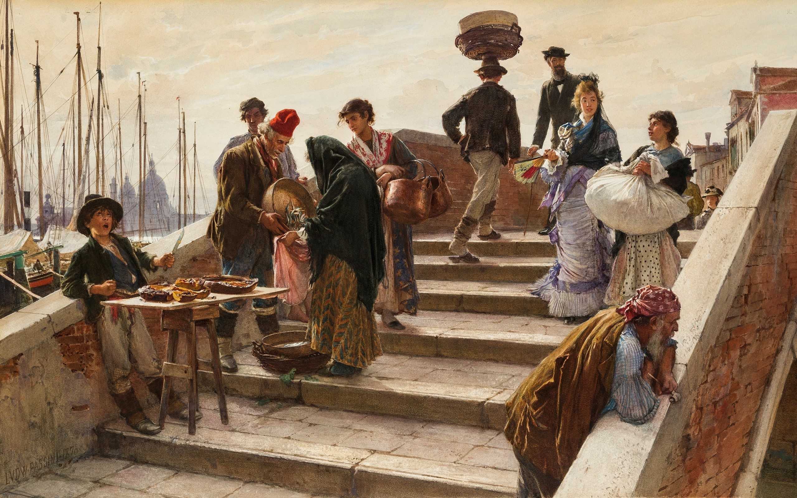 Venetian Bridge Scene with Vendors and Pedestrians by Ludwig Passini HD Wallpaper